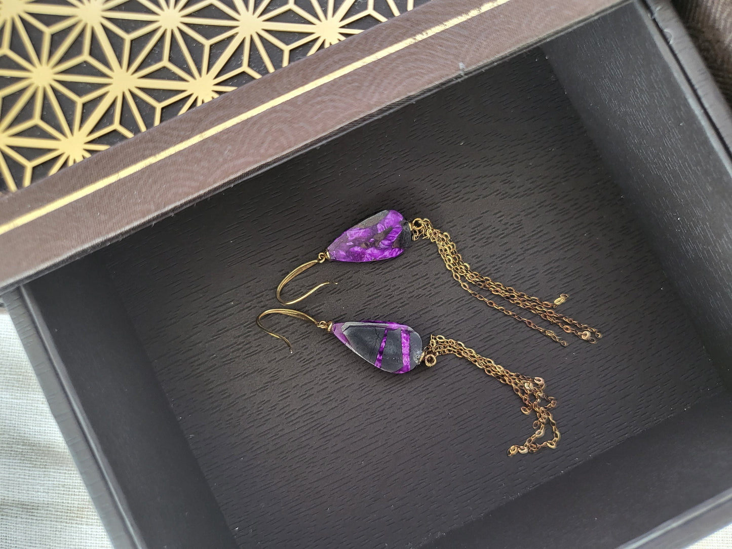 Sugilite Natural RARE Statement Earrings Reddish Purple with 925 Gold Chain Tassel