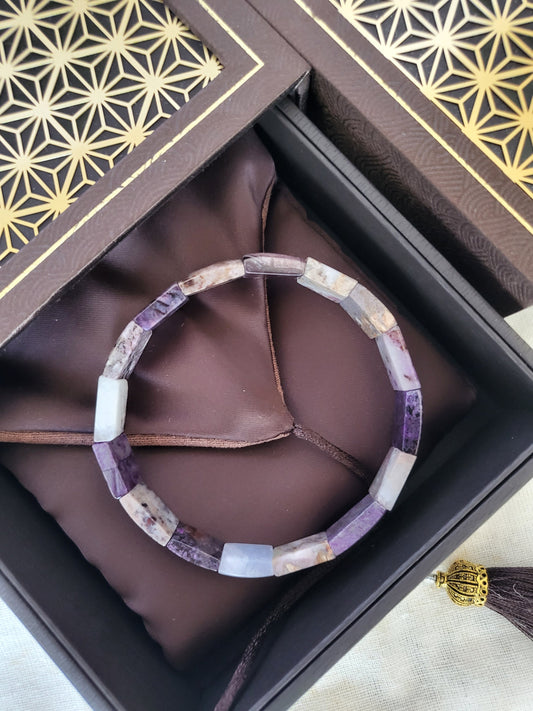 Sugilite Natural Purple and Quartz Flat Stone Dainty Elastic Bangle Bracelet