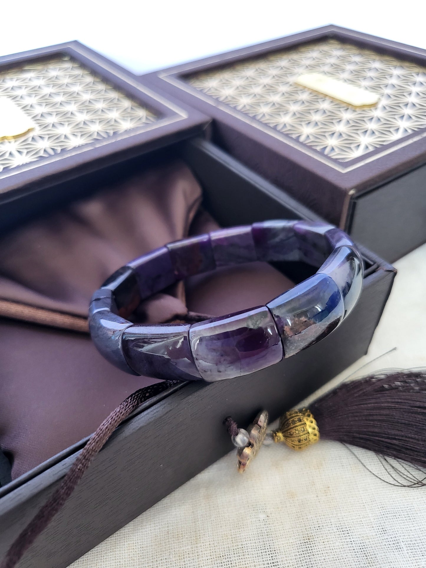 Royal Purple Sugilite Natural High Quality Smooth Glossy Blue Purple Elastic Bangle Bracelet