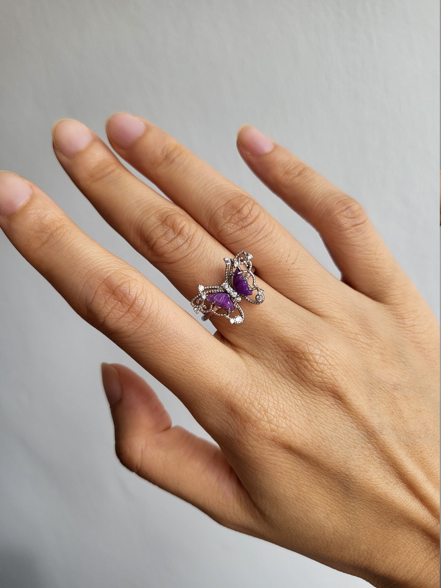 RARE Natural Purple SAKURA Sugilite Silver Butterfly Adjustable Ring