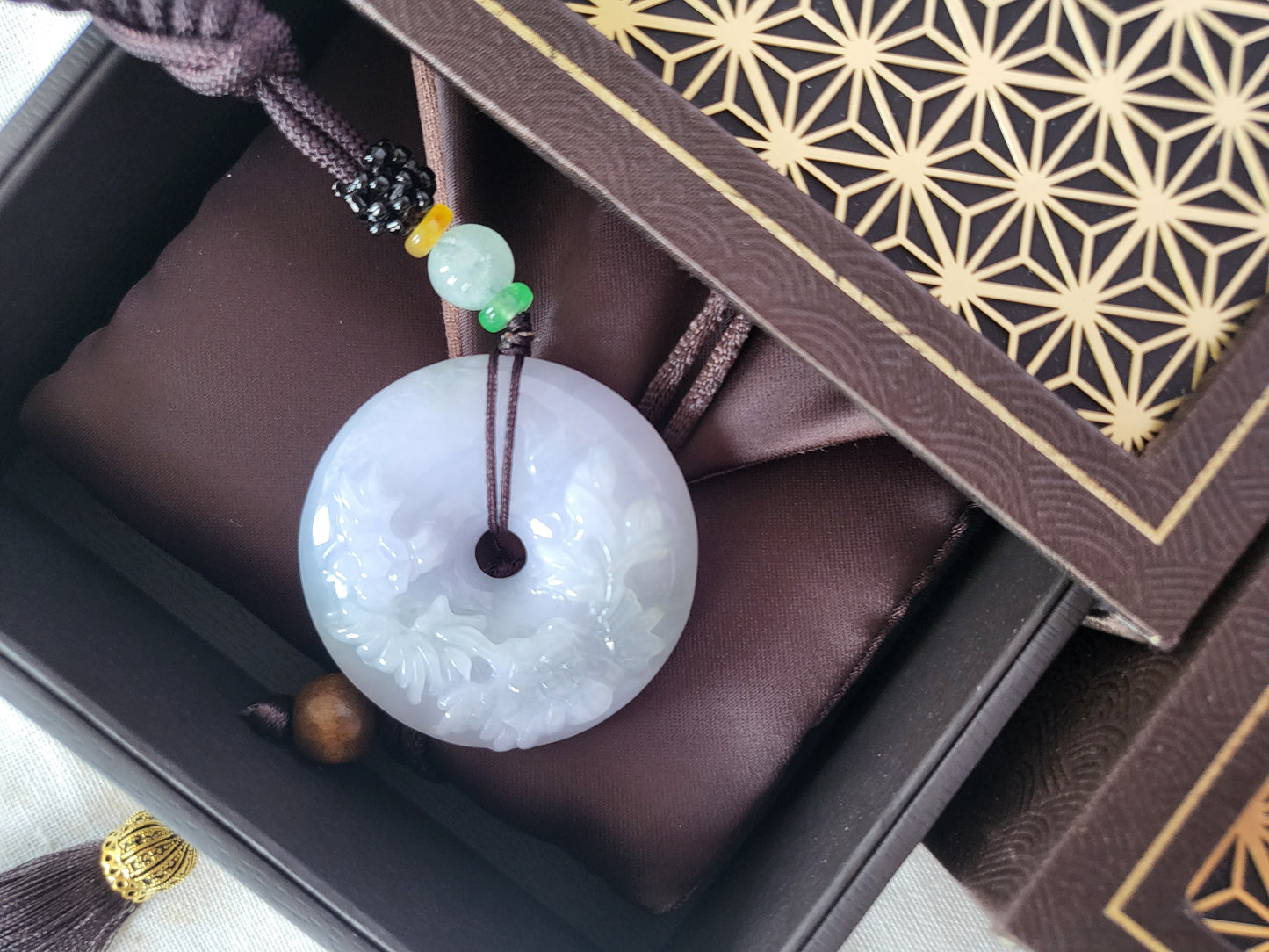 Jadeite Jade Grade A Natural Rainbow Lavender Flower carving Round Pendant Ornament Charm Keychain Ping An Kou