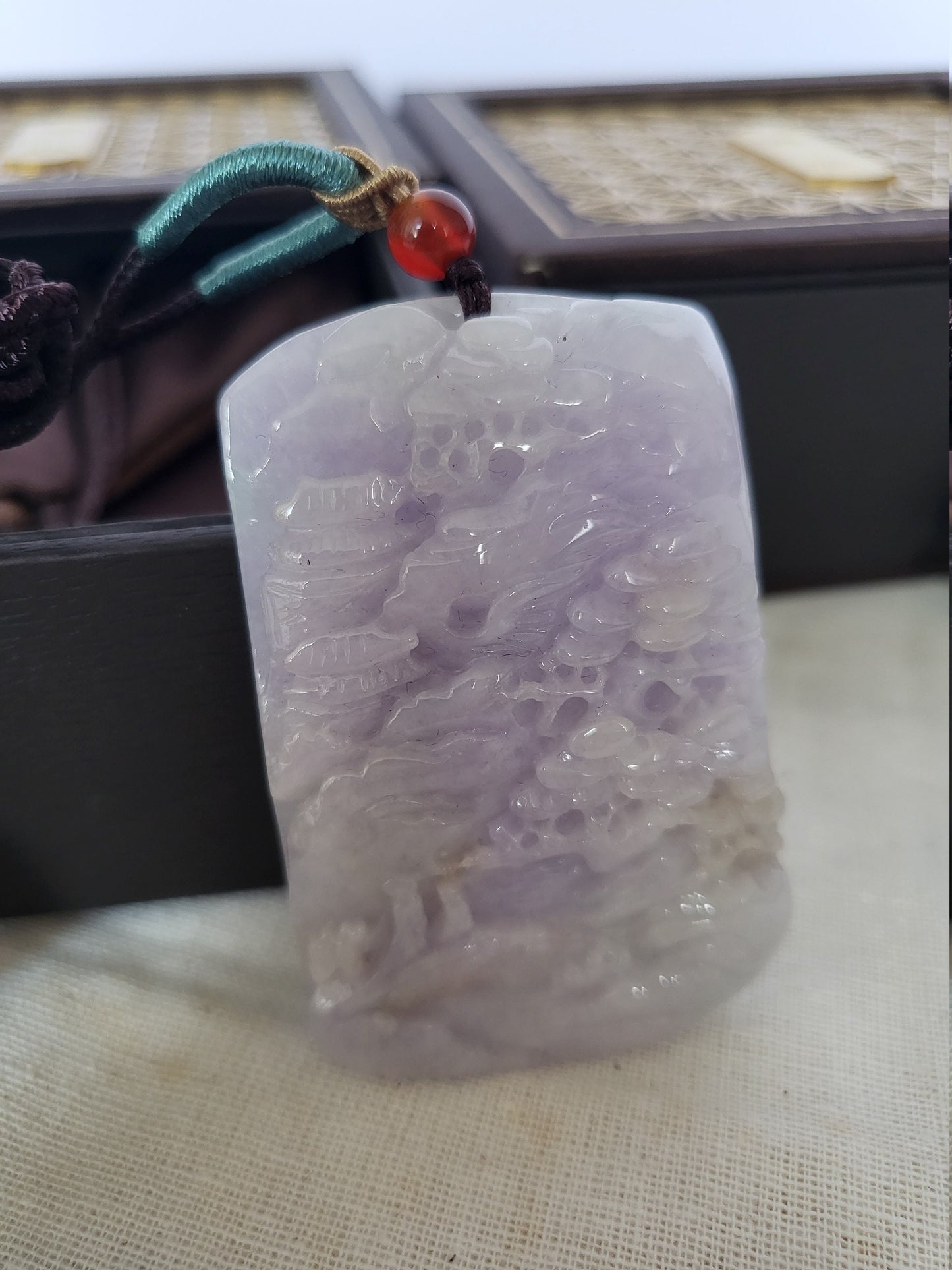 Natural Lavender Jadeite Grade A Peaceful Rural Home in Mountains Pendant Ornament Charm Keychain