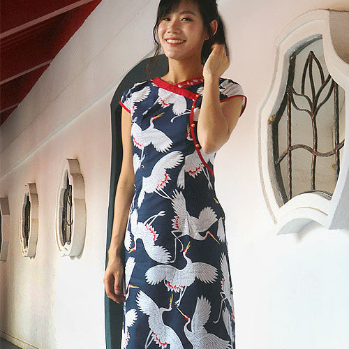 Blue Japanese Print Style Crane Cotton Chinese Mandarin Collar Cheongsam Dress Qipao