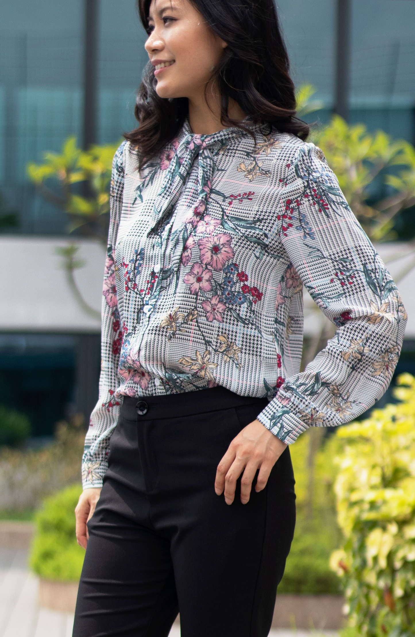 Soft Comfy Ditsy Floral Sketch Tie-Neck Cuffed Work Shirt Blouse