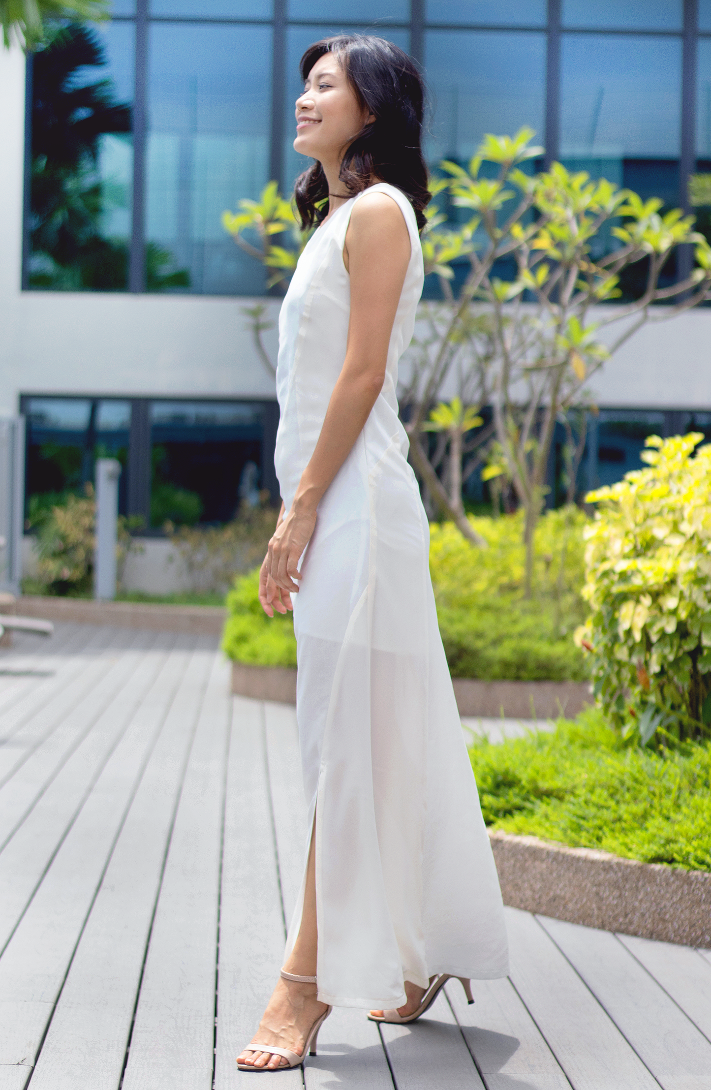 White Natural Minimalistic Japanese Patchwork Maxi Dress with Split