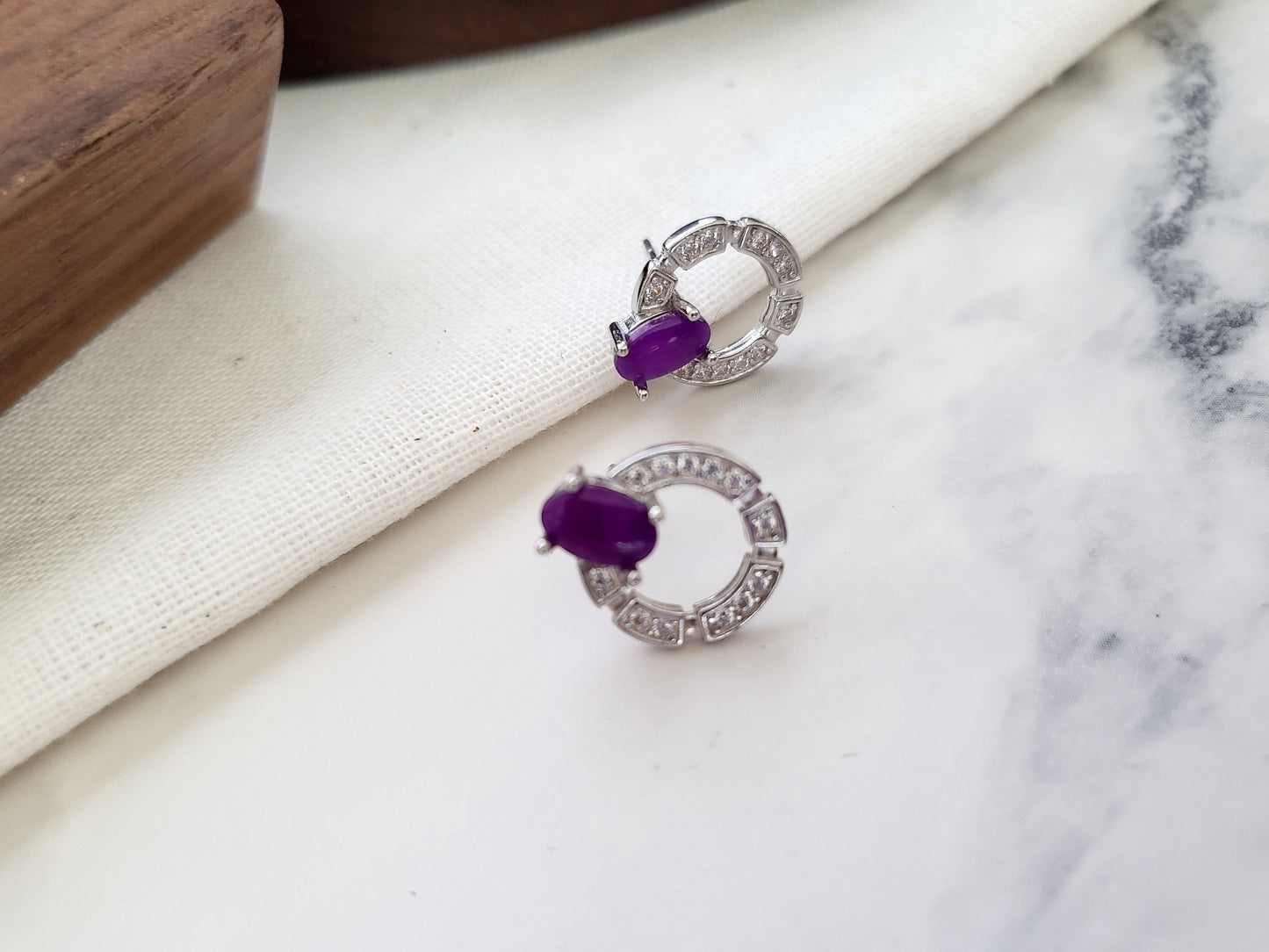 Natural Sugilite Gemstone Purple Gel-like GemElegant Dainty Round Earrings with Crystal