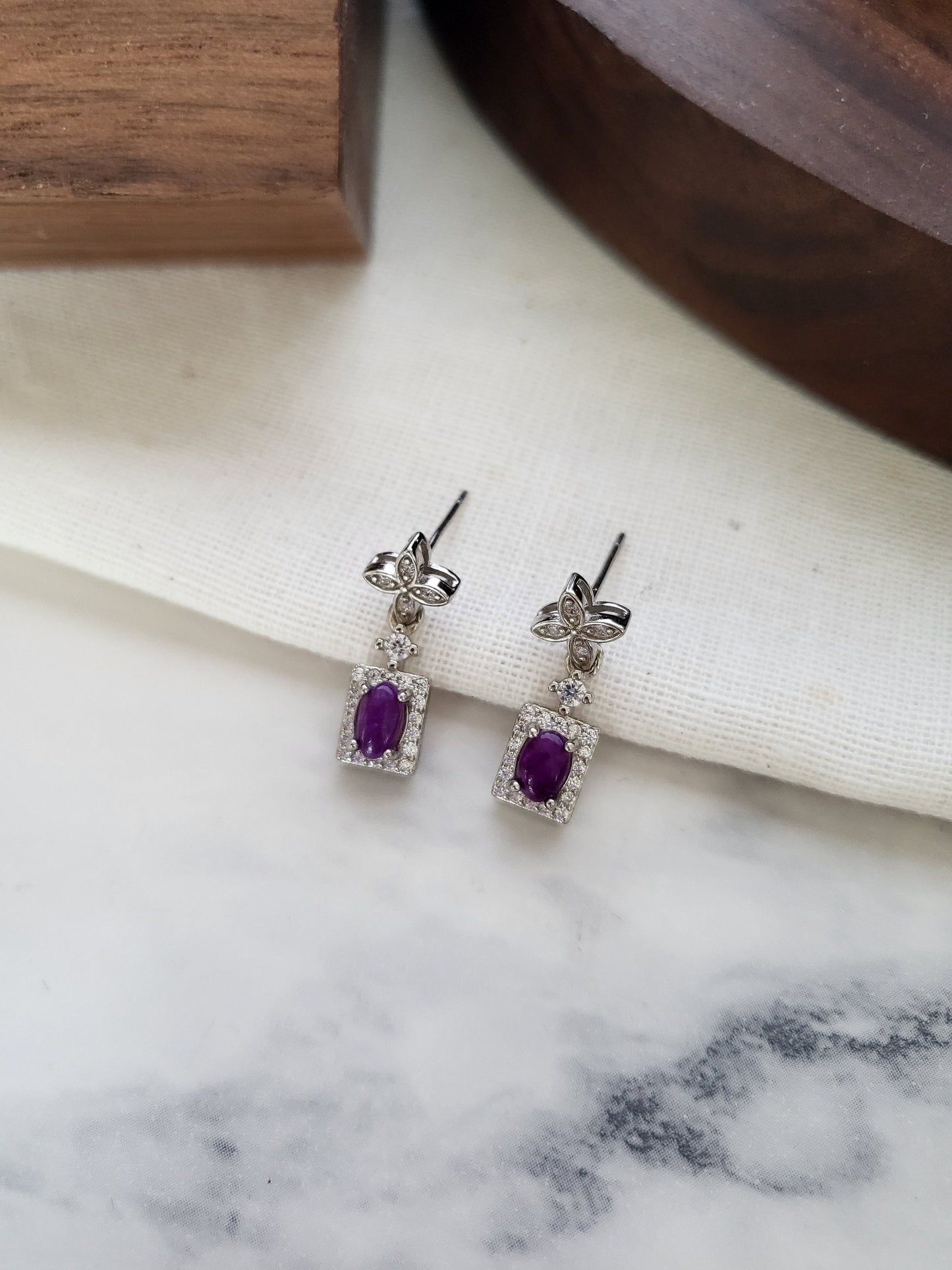 Natural Sugilite Earrings Clover Gemstone Purple Gel-like Gem Rectangle Mini Dangle Earrings with Crystals