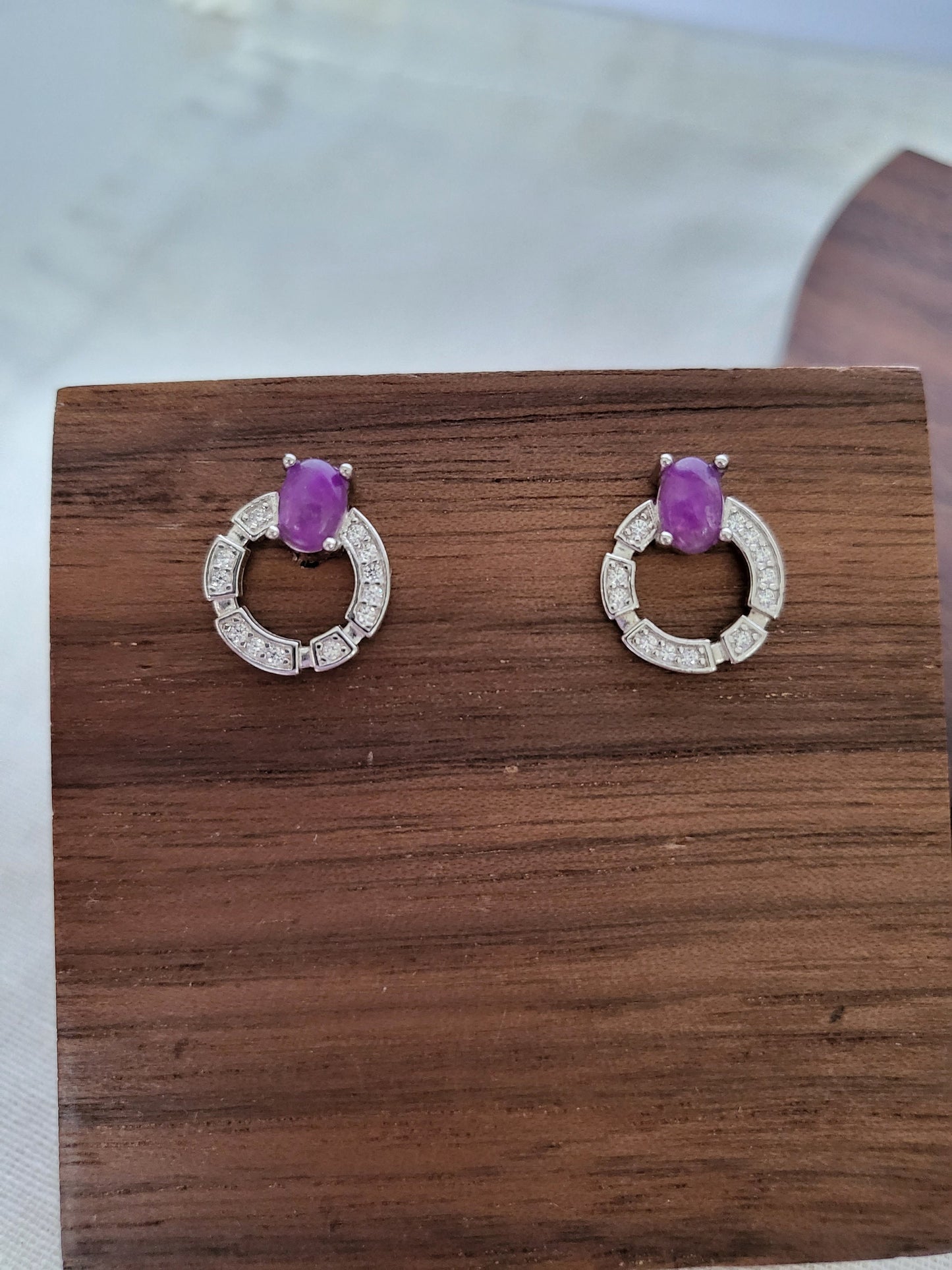 Natural Sugilite Gemstone Purple Gel-like GemElegant Dainty Round Earrings with Crystal