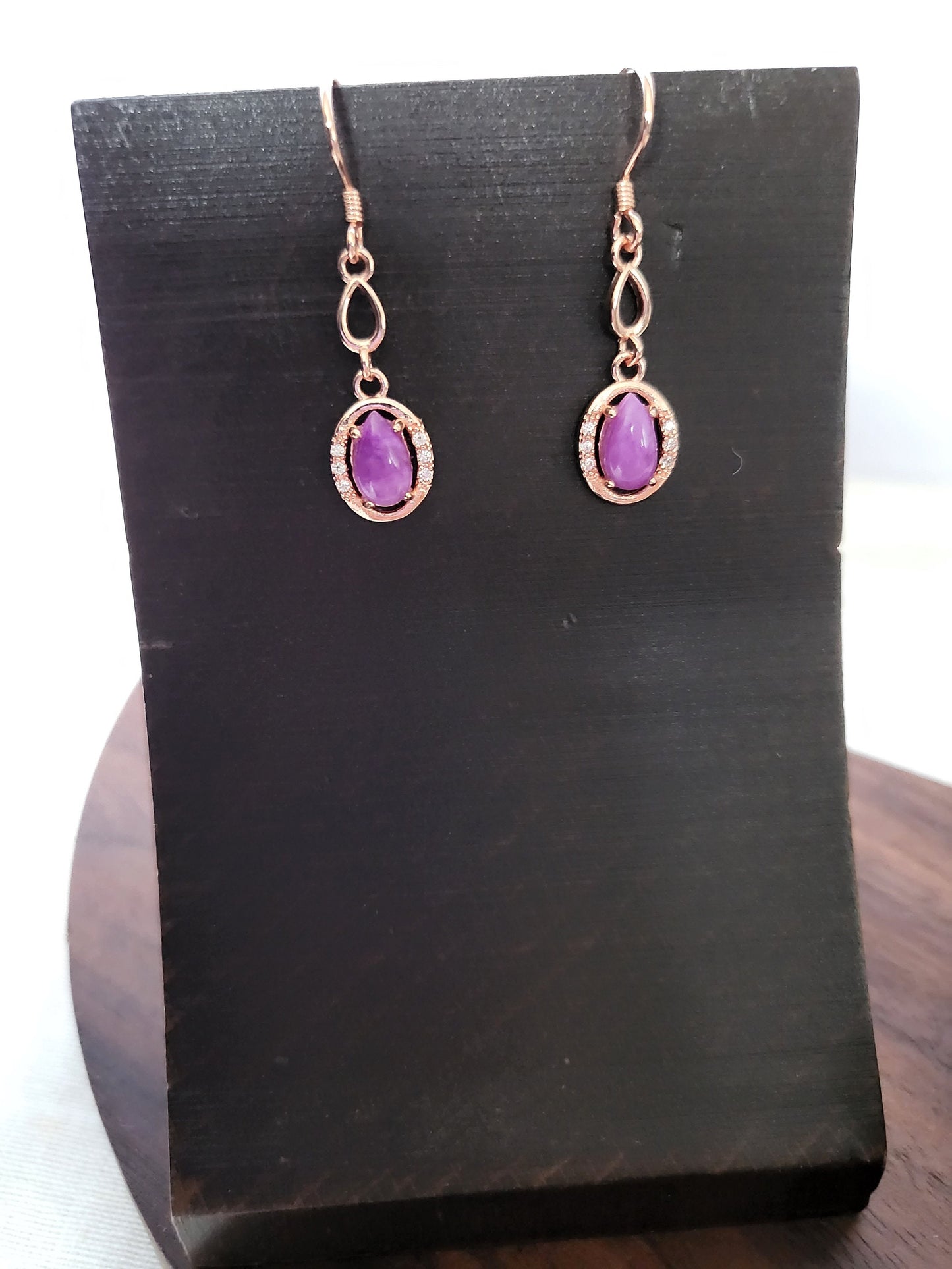 Natural Sugilite Gemstone Purple Gel Gem Rose Gold Dangle Earrings Oval shape with Crystal