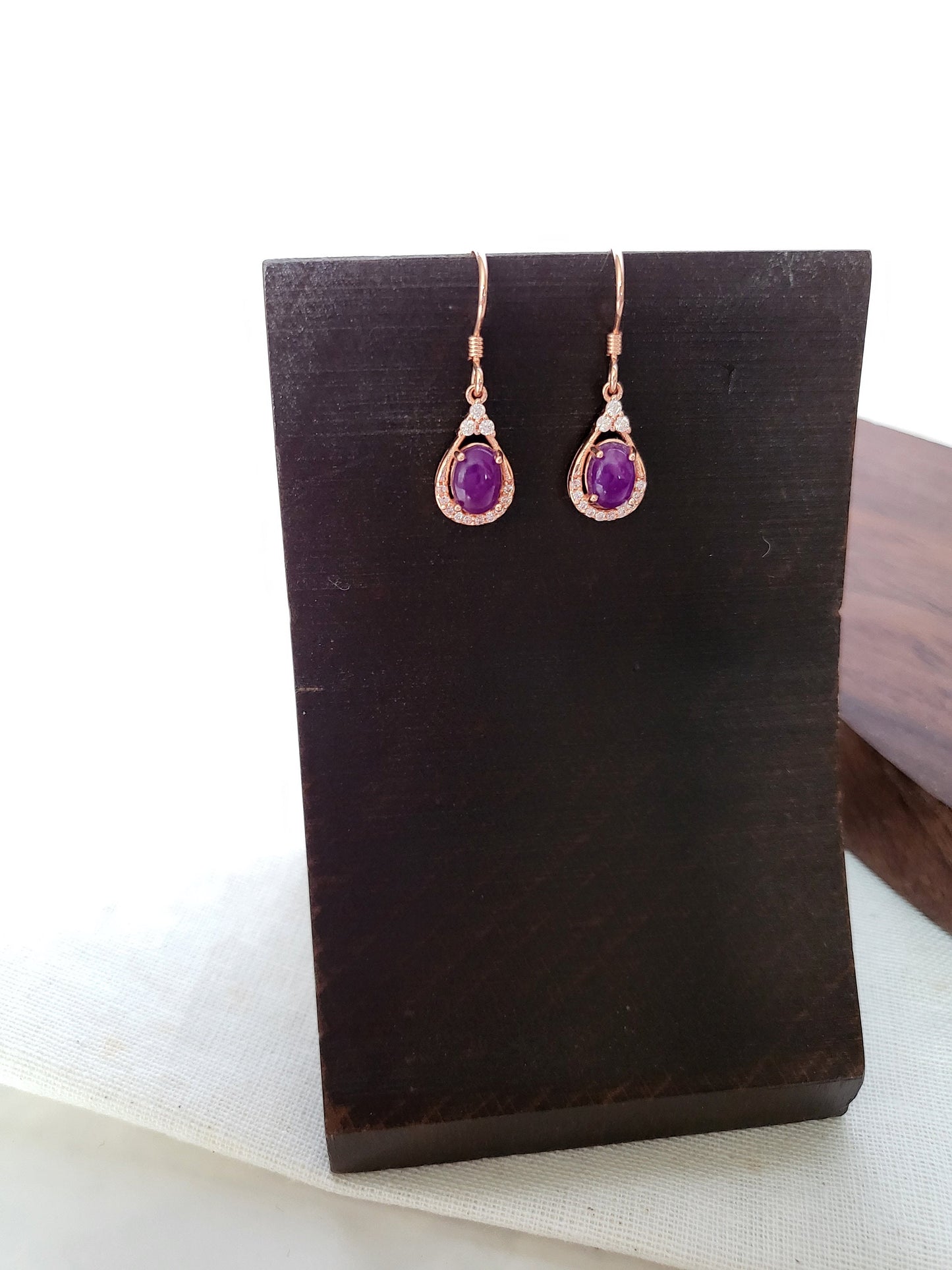 Natural Sugilite Earrings Royal Purple Gel-like Gem Rose Gold Dangle Earrings teardrop shape with Crystal