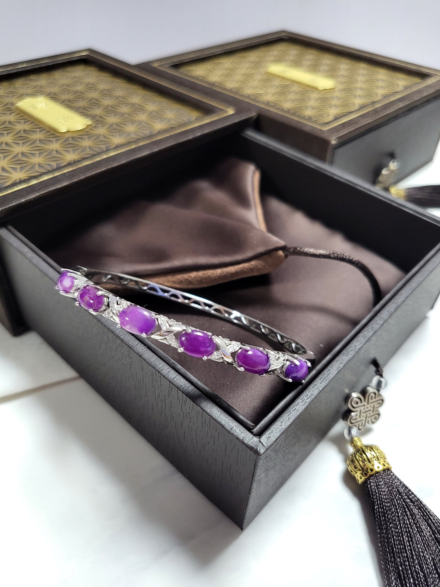 Natural Sugilite Gel Purple Dainty VINTAGE RARE Sugilite Bangle Bracelet with Crystals Silver