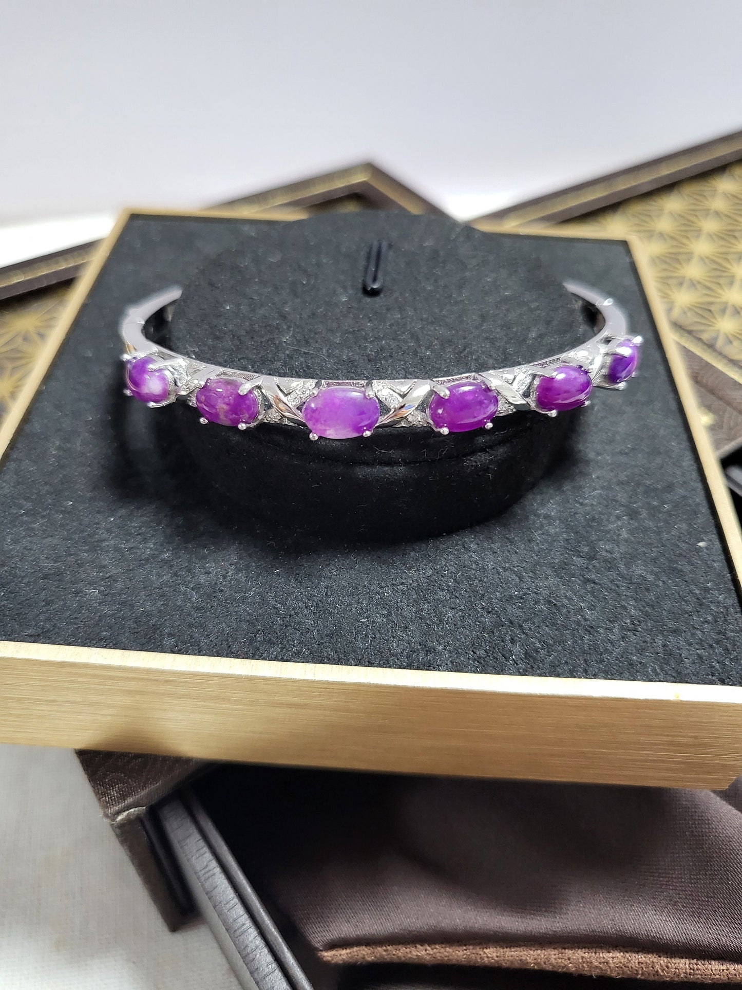 Natural Sugilite Gel Purple Dainty VINTAGE RARE Sugilite Bangle Bracelet with Crystals Silver