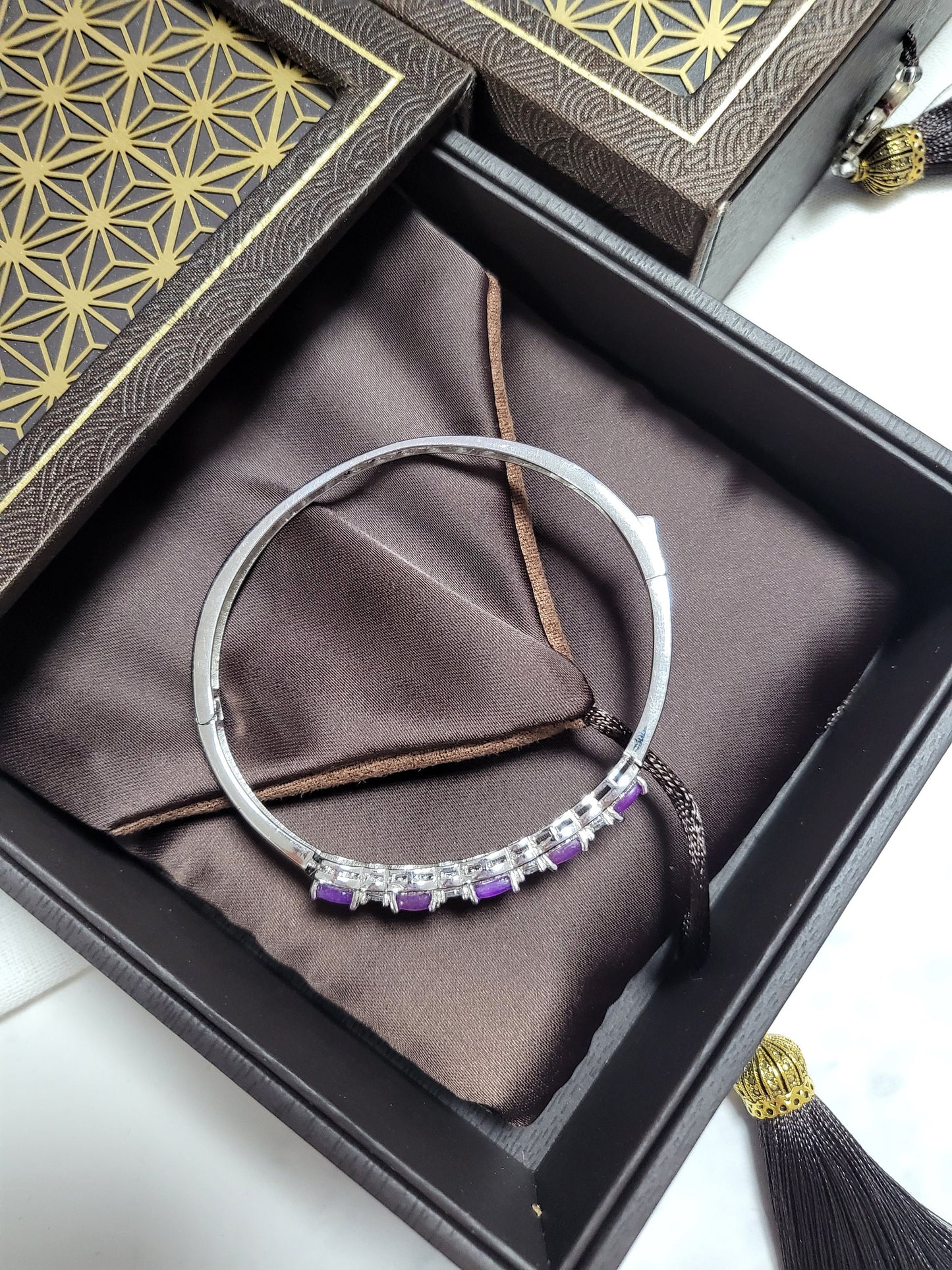 Natural Sugilite Gel Purple RARE Dainty Sugilite Stone bead Crystal Gold Bangle Silver