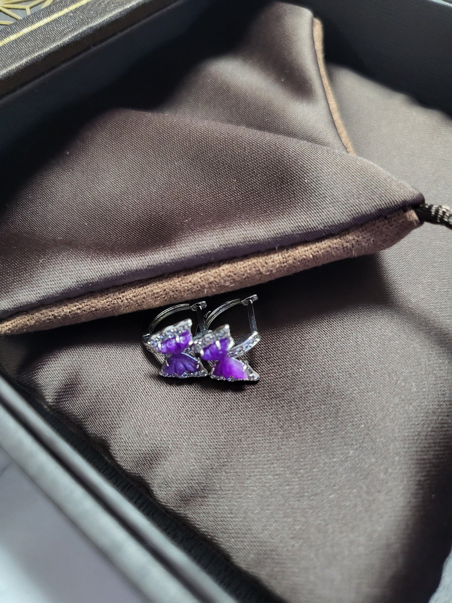 Rare Sugilite Earrings Gel Natural Gemstone Purple Silver Hoop Earrings Butterfly Carving with Crystals