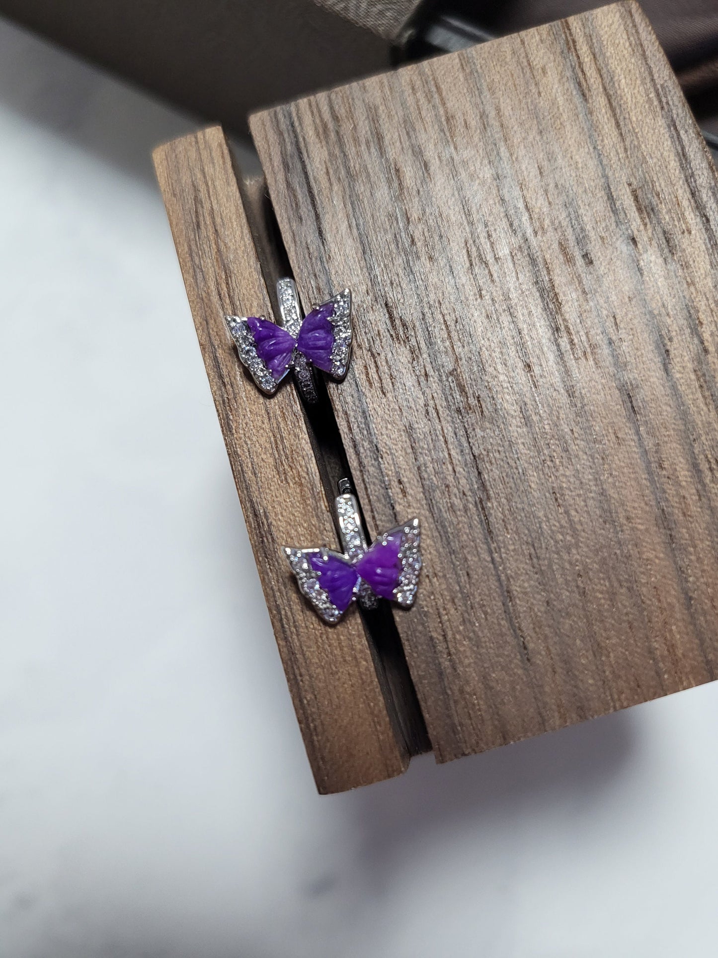 Rare Sugilite Earrings Gel Natural Gemstone Purple Silver Hoop Earrings Butterfly Carving with Crystals