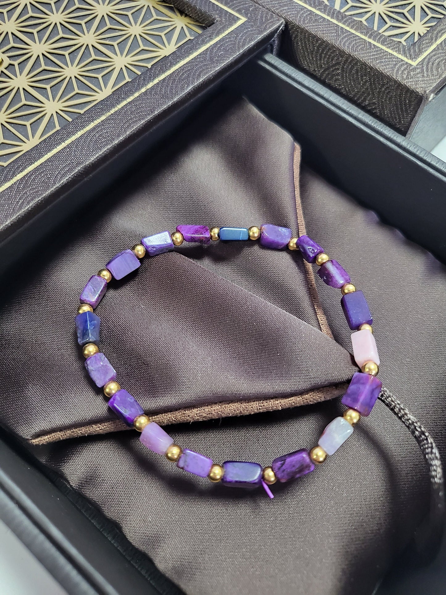Natural Sugilite Rare Multi-color Beads Dainty Purple Stone Bead Bracelet with Gold Beads