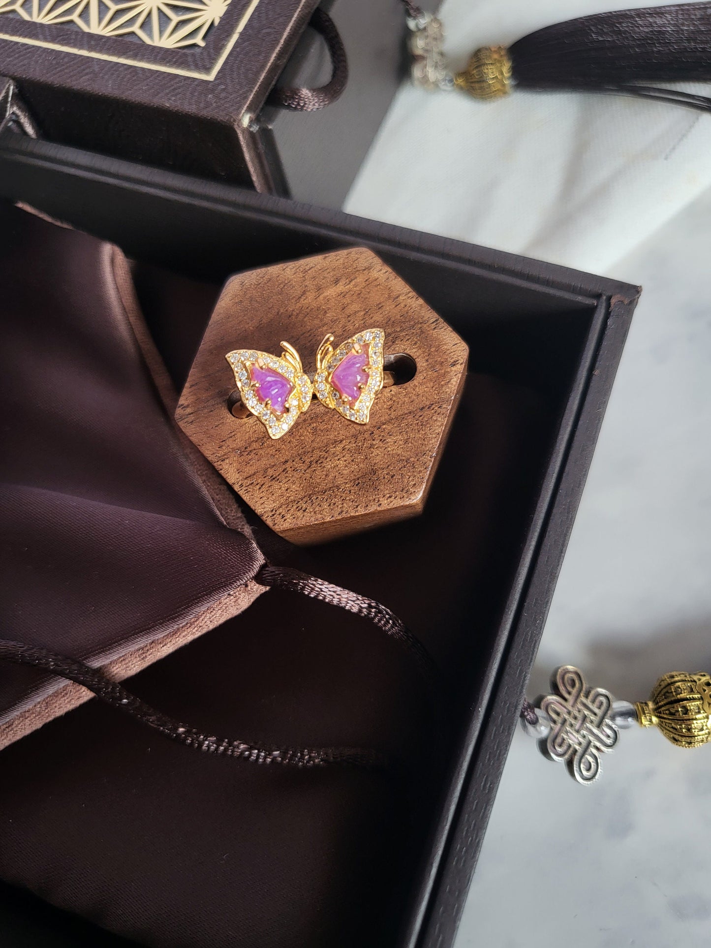 Natural Sugilite Rare Translucent Pink Gold Butterfly Adjustable Ring