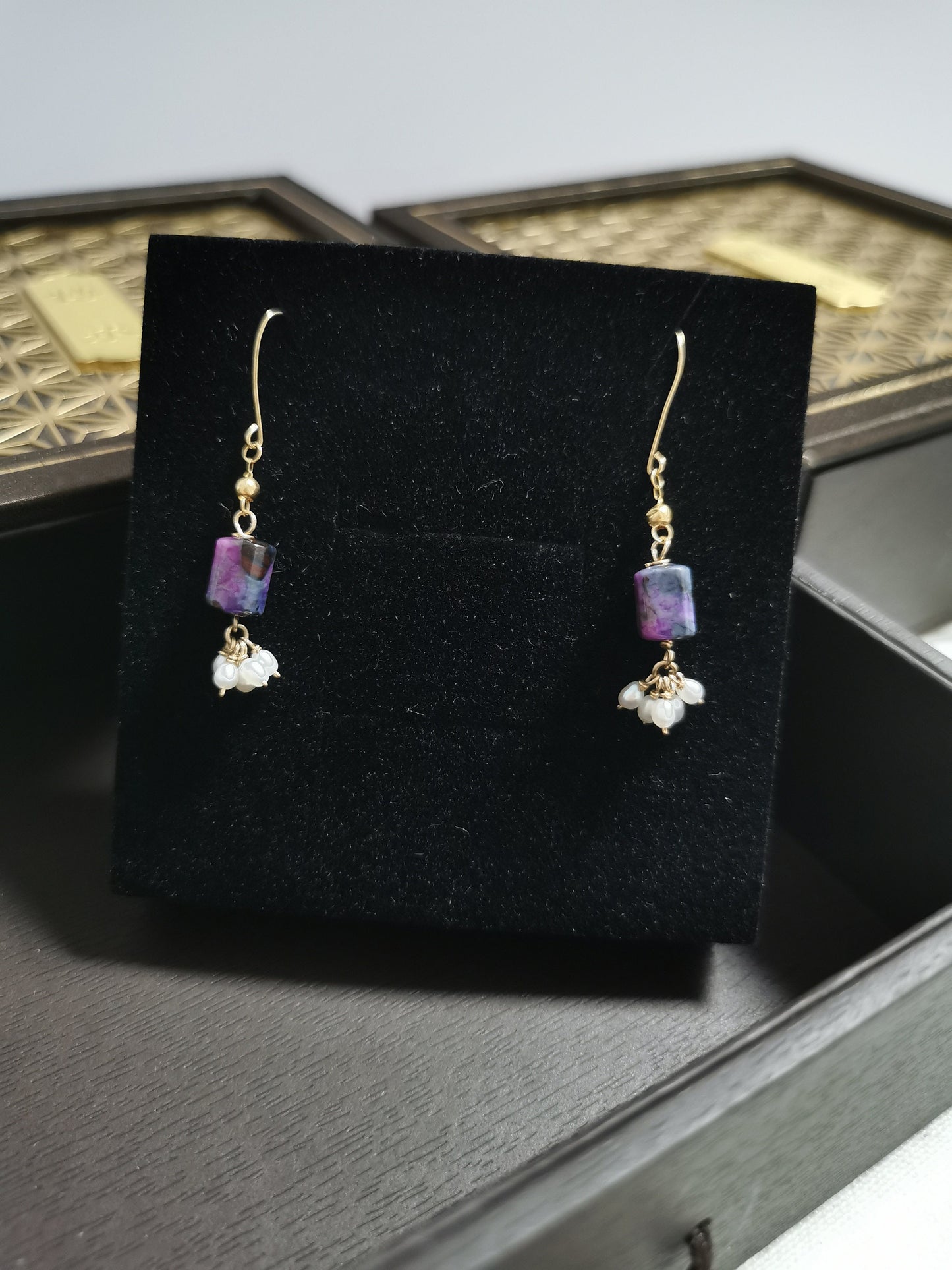Natural Sugilite Pearl Beads Earrings Rare Sakura Dainty Drop Dangle Earrings