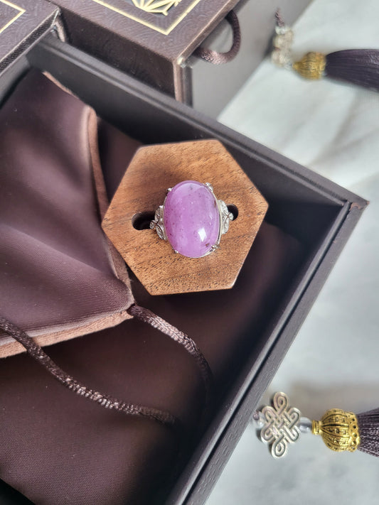 Natural Sugilite Pink Purple RARE Large Gemstone adjustable silver ring with crystals