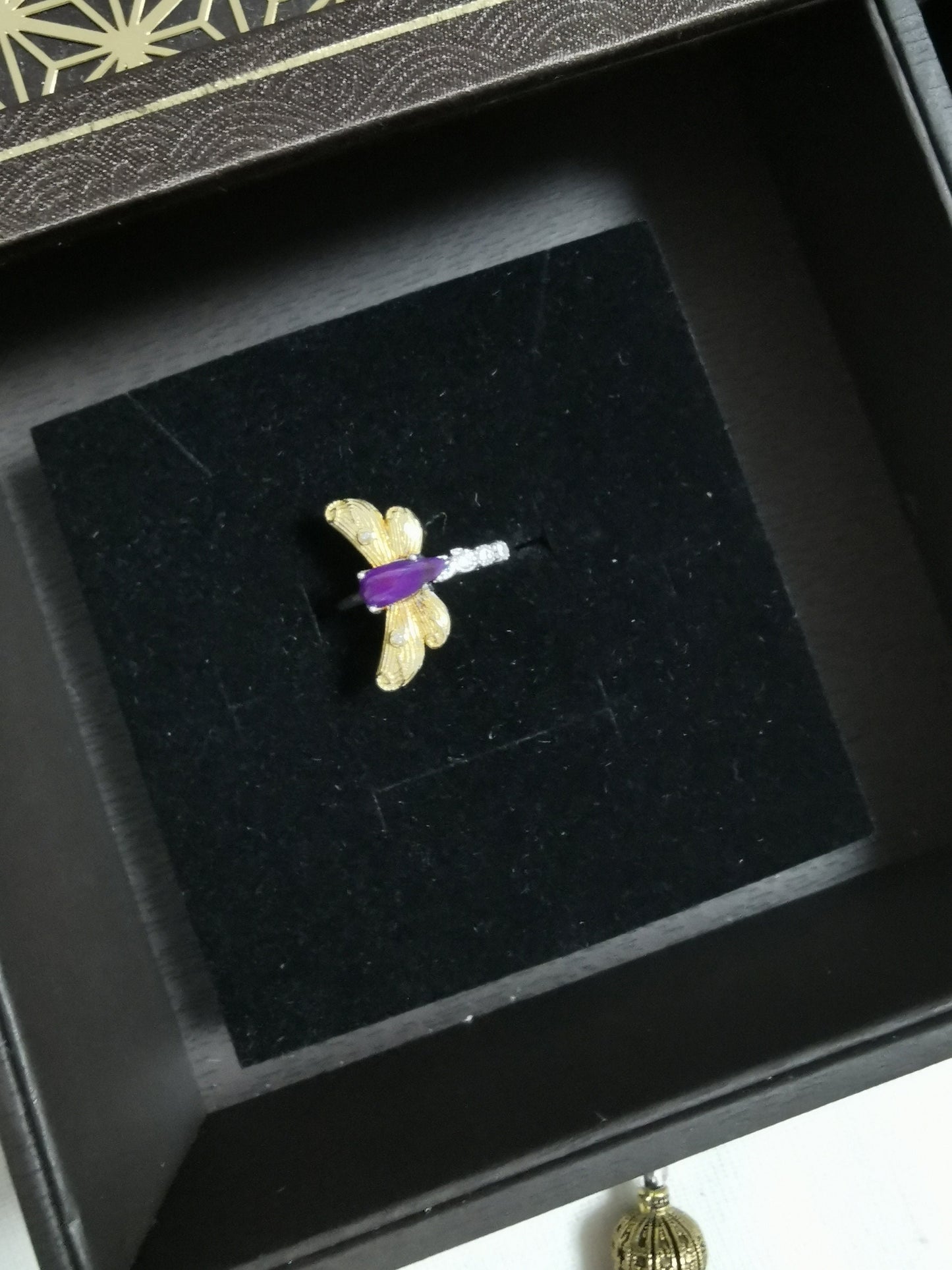 Natural Sugilite Rare Royal Purple Gold Dragonfly Good luck Charm Adjustable Silver Ring