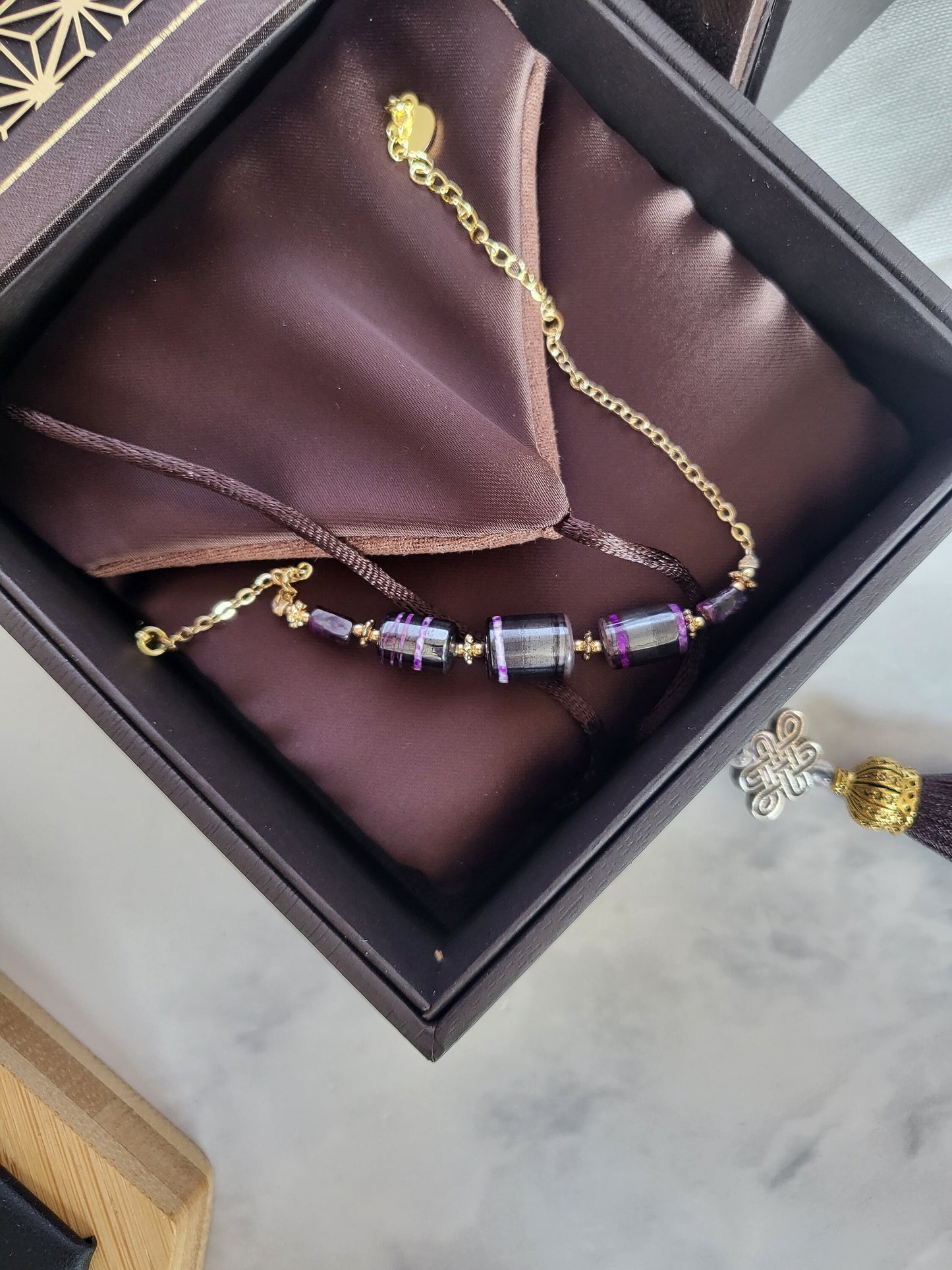 RARE Natural Sugilite 14K Gold Double-Stripe Colour stone bead Adjustable Bracelet