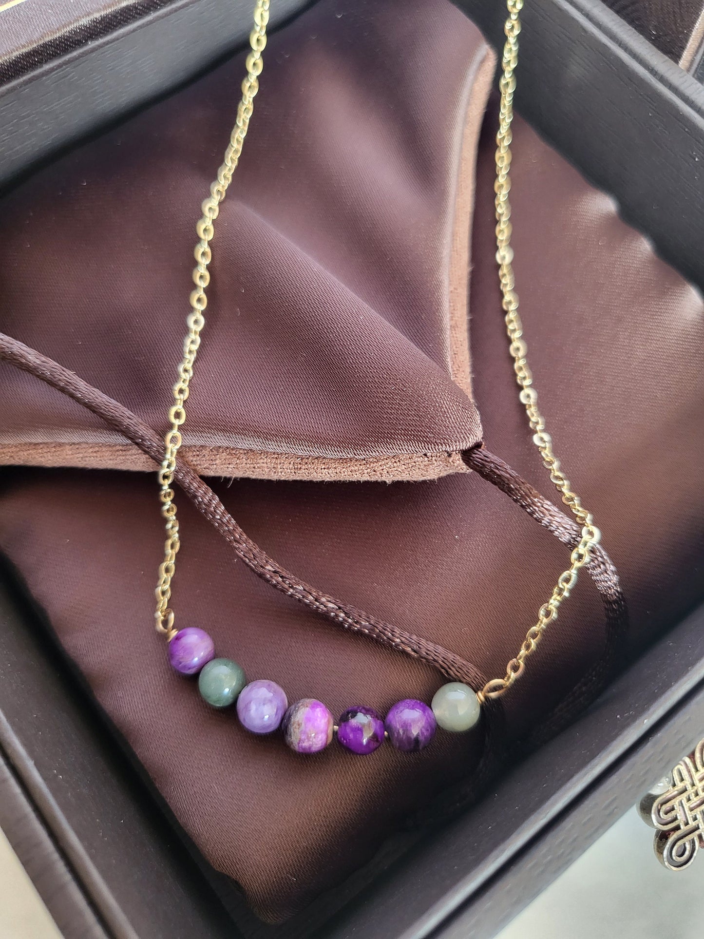 14k Gold Natural Sugilite Multi-color Bead Blue, Purple, Green Stone bead Crystal Dainty Chain Necklace