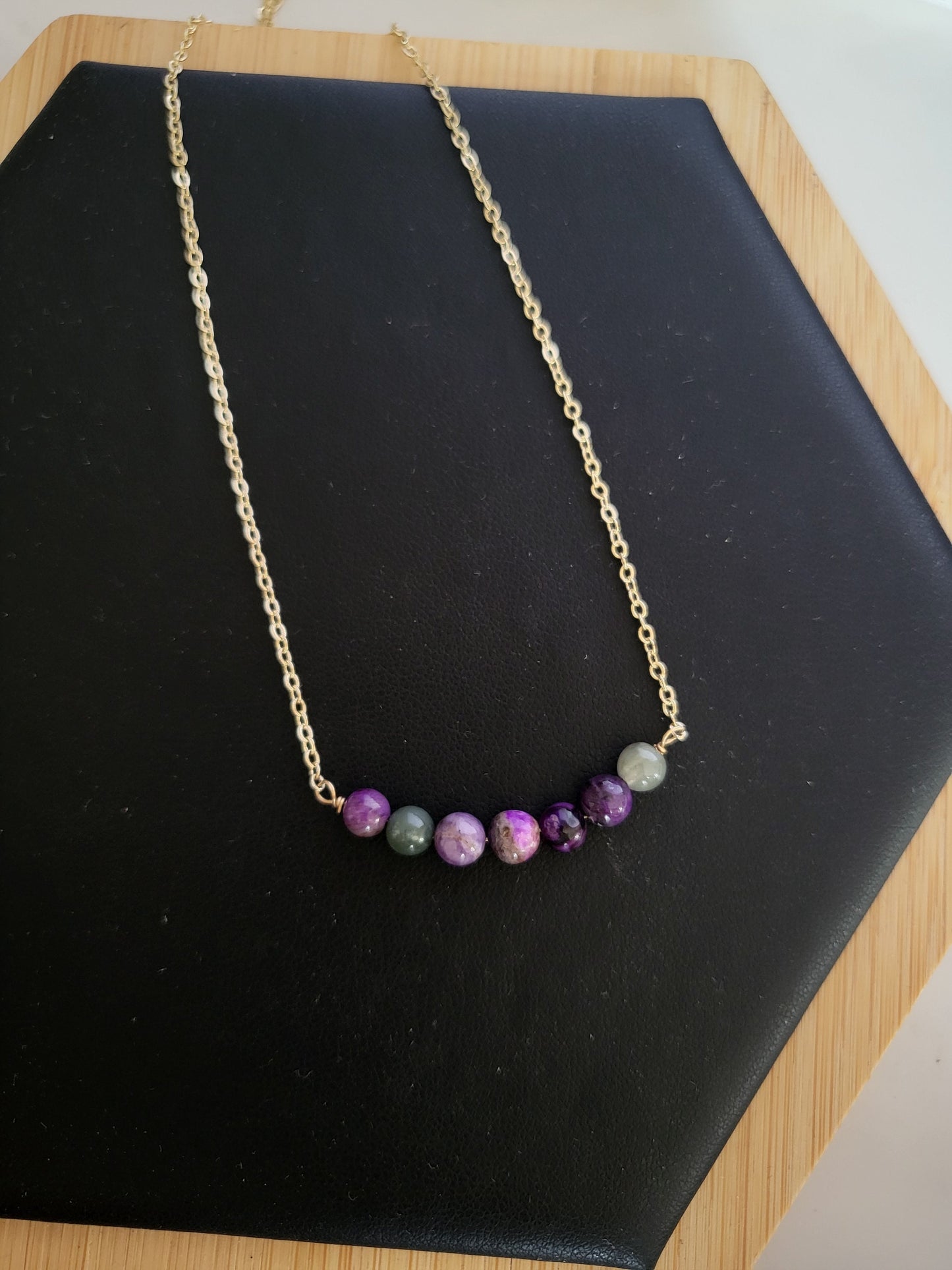 14k Gold Natural Sugilite Multi-color Bead Blue, Purple, Green Stone bead Crystal Dainty Chain Necklace