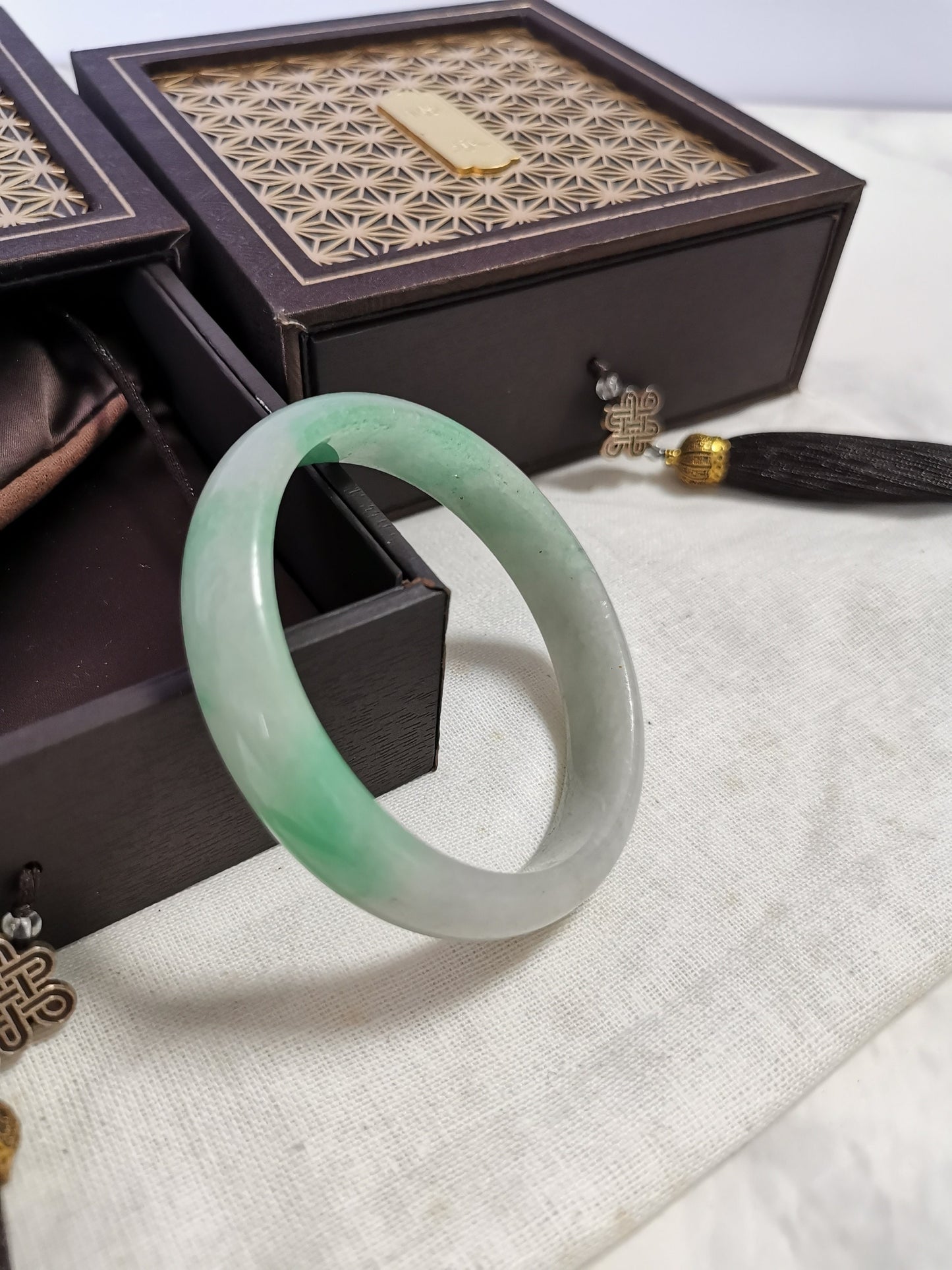 57.6mm Light Green Jade Bangle Translucent Wide Bangle