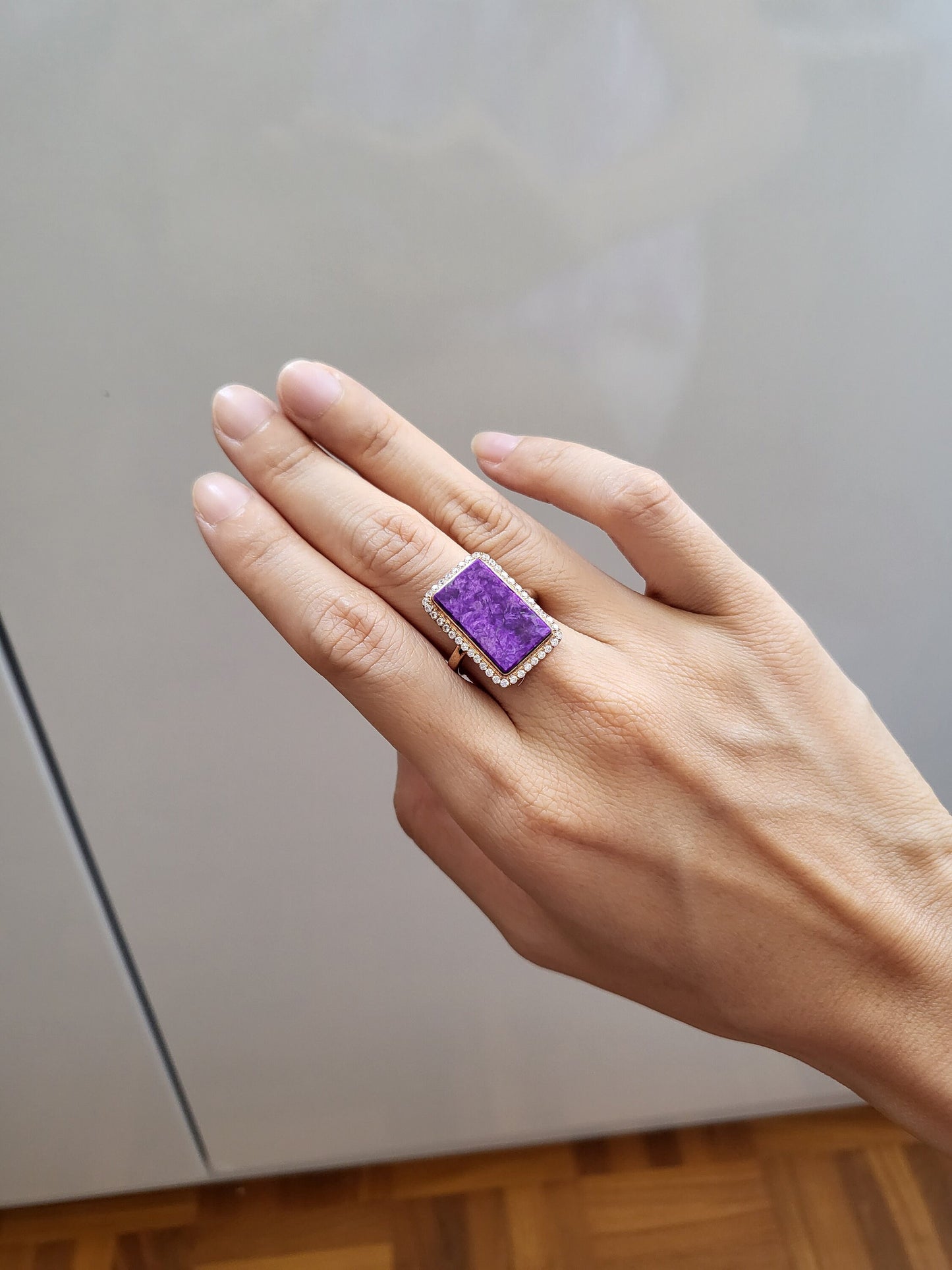 Natural Purple Sugilite Cat-eye Rectangle adjustable Rose Gold Statement Ring with Crystals