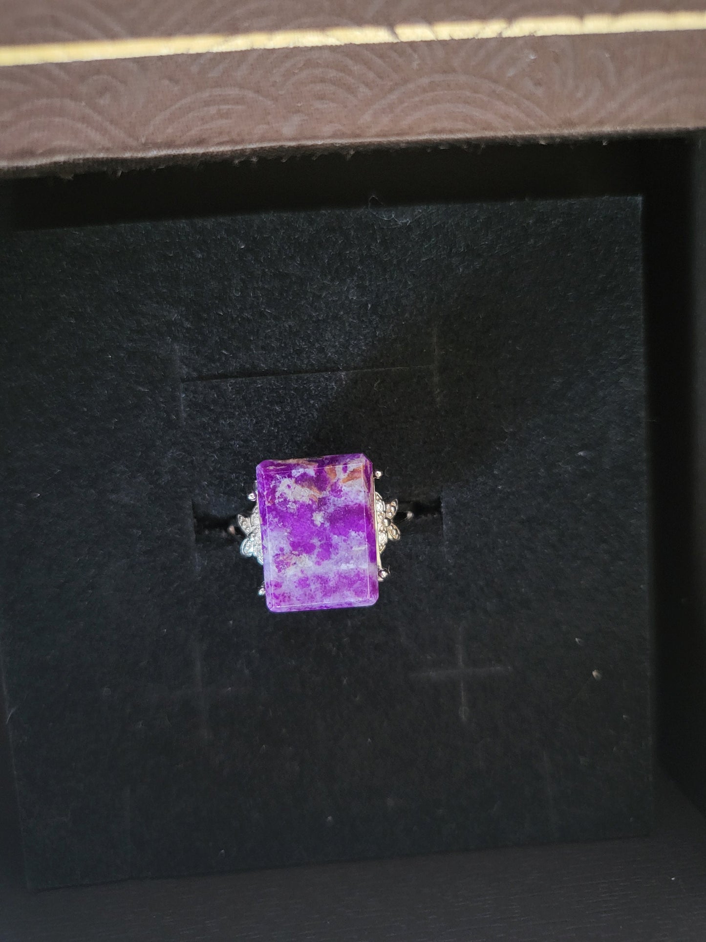 Natural Sugilite Purple Painting-like rectangle adjustable silver ring with crystals