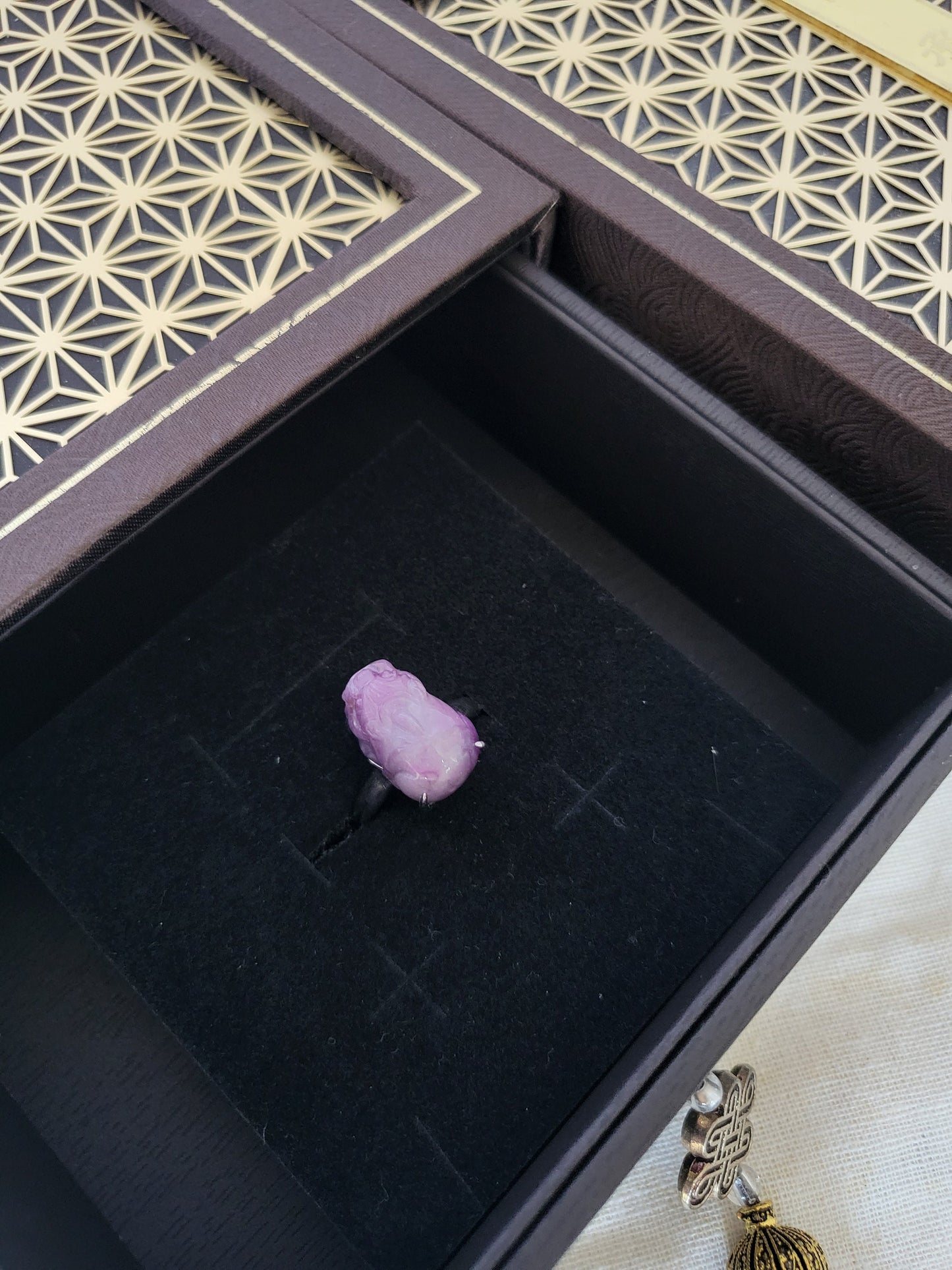 Rare Natural Sugilite Purple Sakura Pixiu stone carving adjustable silver ring