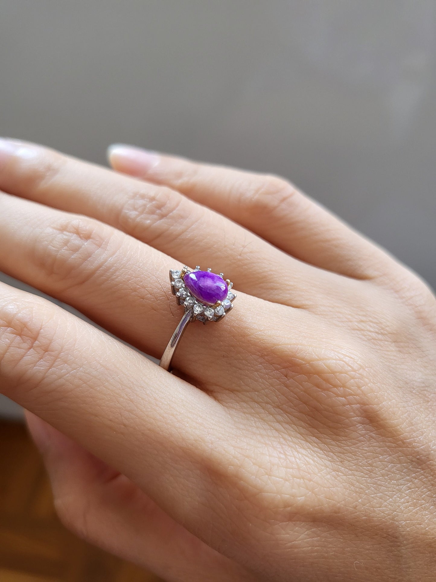 Natural Purple Sugilite dainty mini teardrop adjustable silver ring with crystals