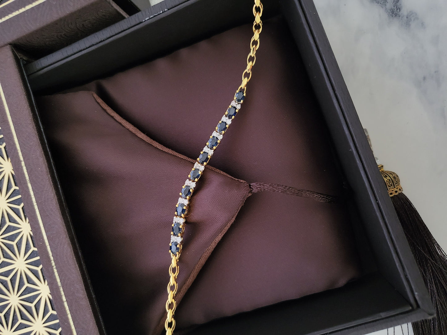 Thai Design Natural Blue Sapphire 9K Solid Gold with Diamonds Chain Bracelet Gems Rare Gemstone Dainty