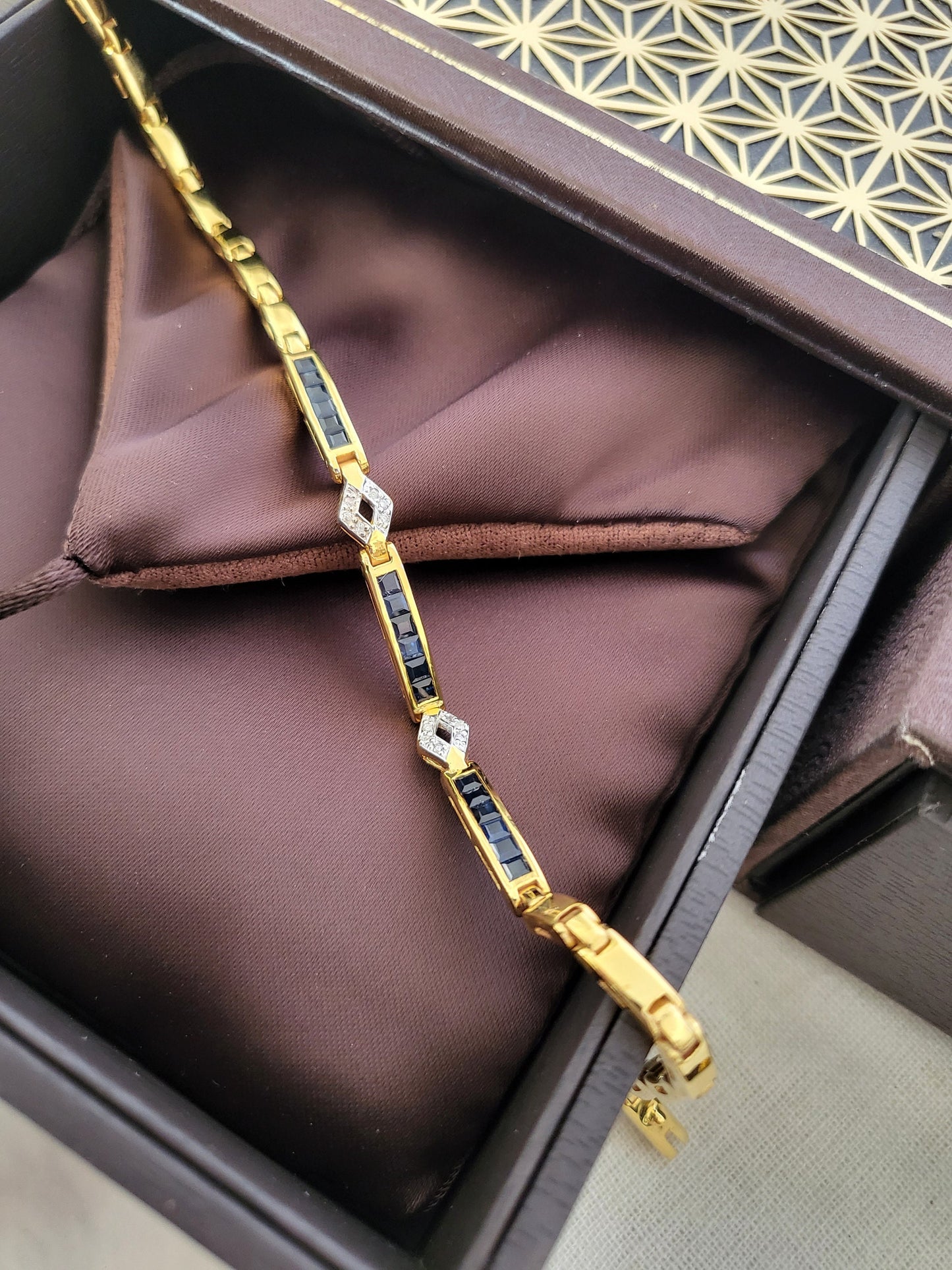 Thai Design Natural Blue Sapphire 9K Solid Gold with Diamonds Chain Bracelet Gems Rare Gemstone Dainty