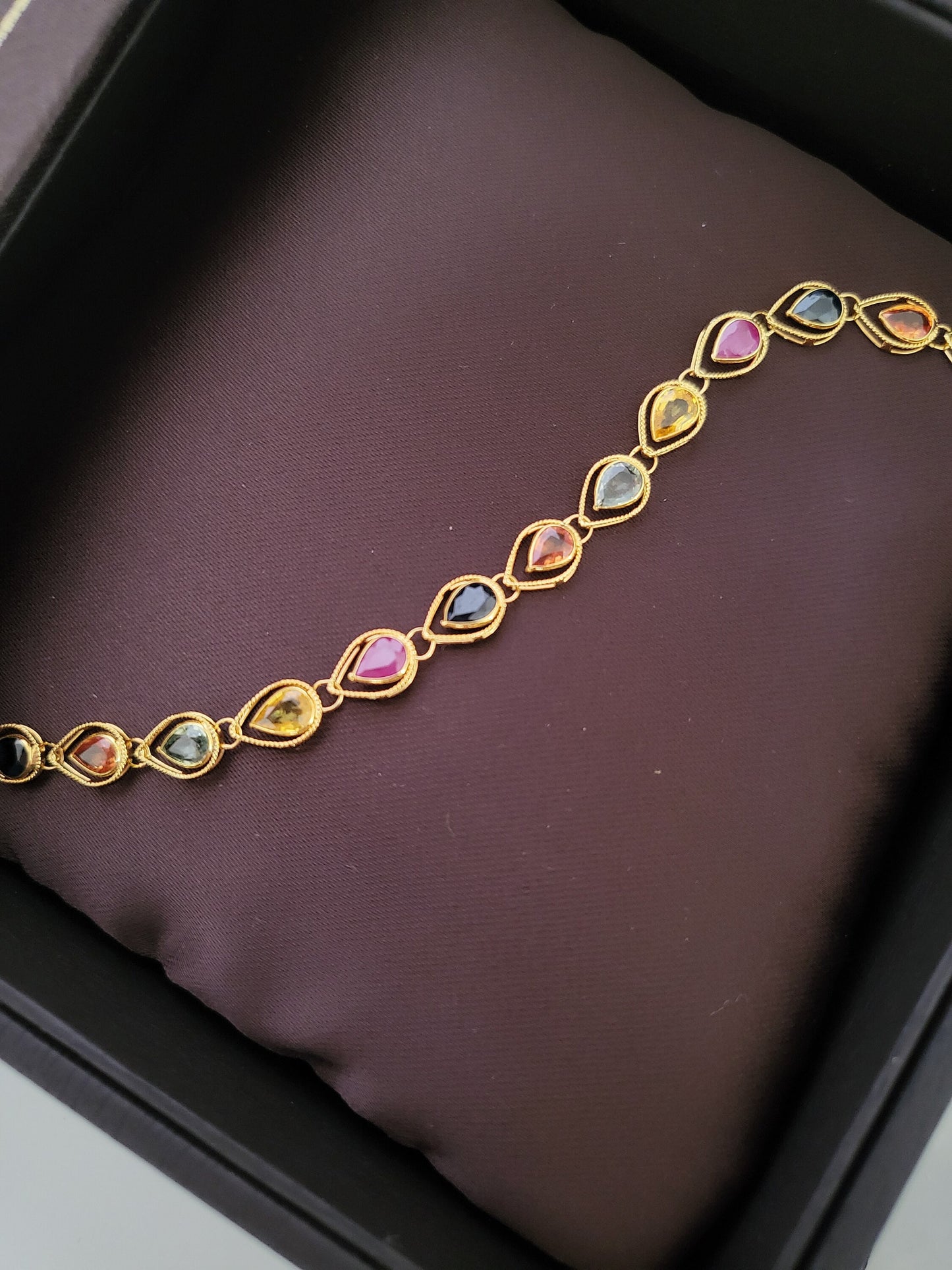Thai Design Natural Ruby Sapphire 18K Solid Gold Bracelet Blue Green Yellow Orange Gemstones Rare Gemstone Dainty