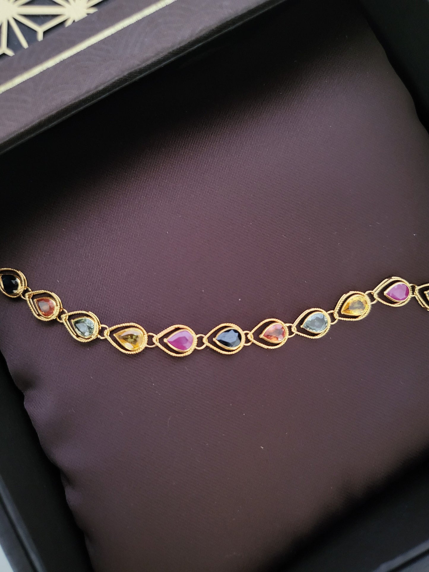 Thai Design Natural Ruby Sapphire 18K Solid Gold Bracelet Blue Green Yellow Orange Gemstones Rare Gemstone Dainty