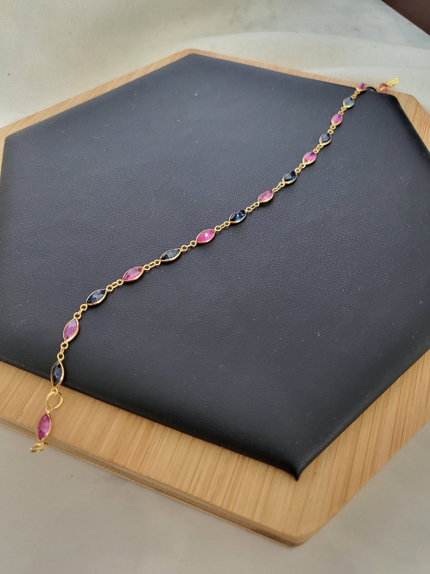 Thai Design Natural Pink Ruby Sapphire Blue 18K Solid Gold Link Chain Bracelet Rare Gemstone Dainty Transcluent Quality