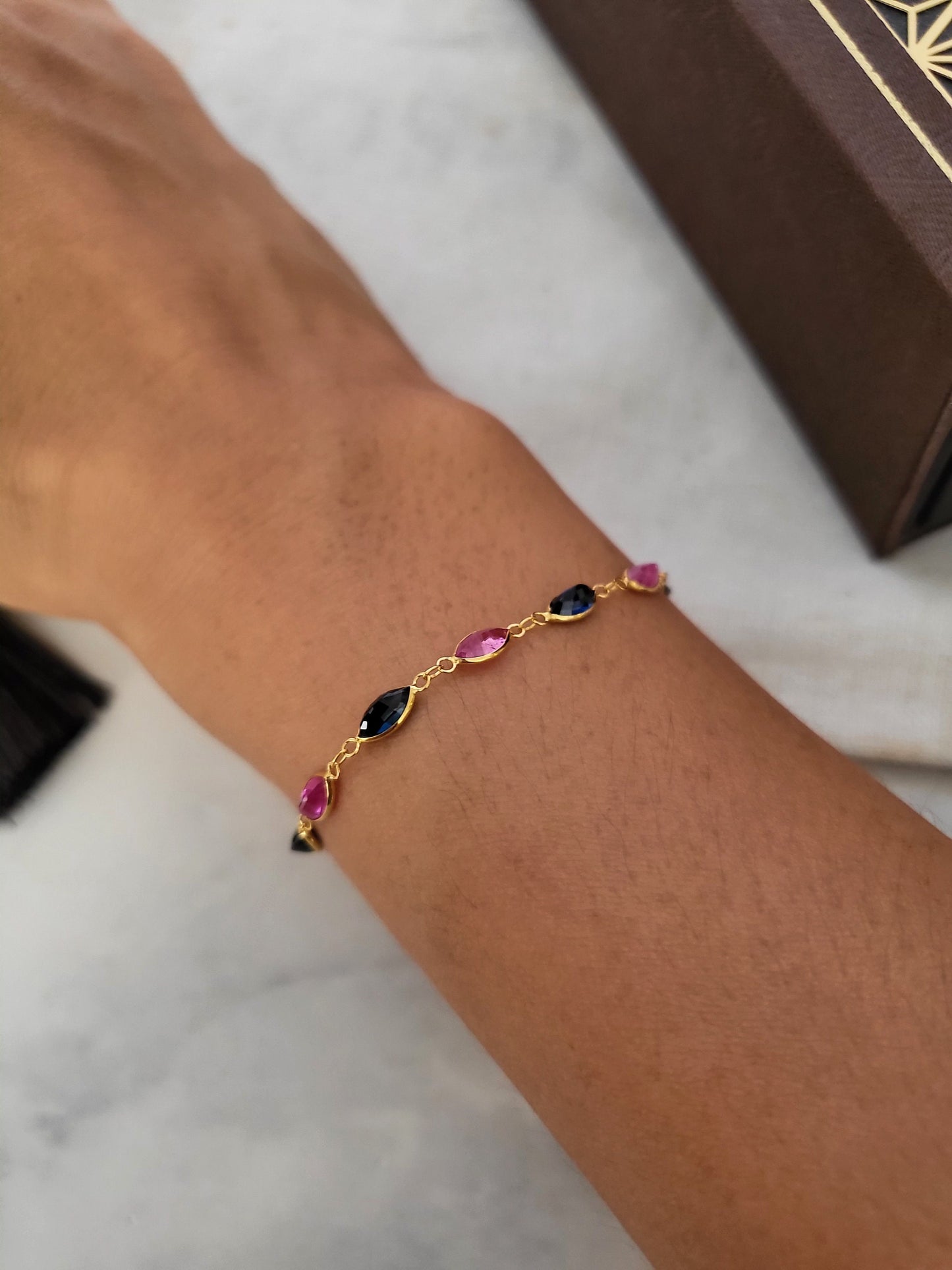Thai Design Natural Pink Ruby Sapphire Blue 18K Solid Gold Link Chain Bracelet Rare Gemstone Dainty Transcluent Quality