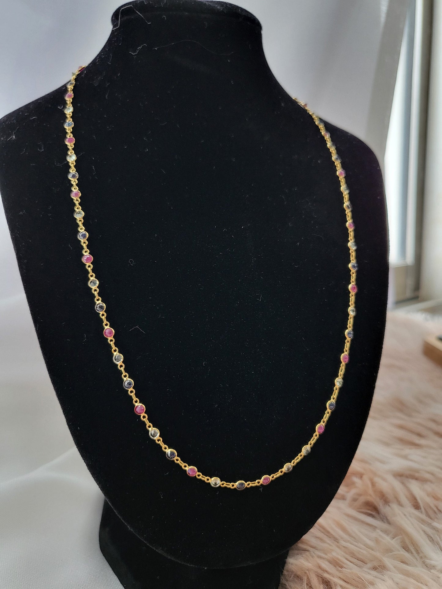 Thai Design Natural Ruby Sapphire Blue Green 18K Solid Gold Necklace Rare Gemstone Dainty