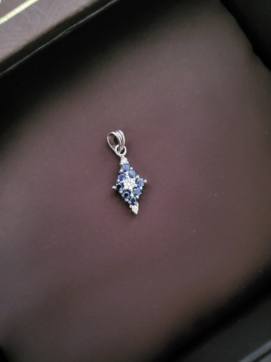 Natural Blue Sapphire Rare Gemstone Pendant with Cubic Zirconia Stud Silver Pendant Diamond shaped