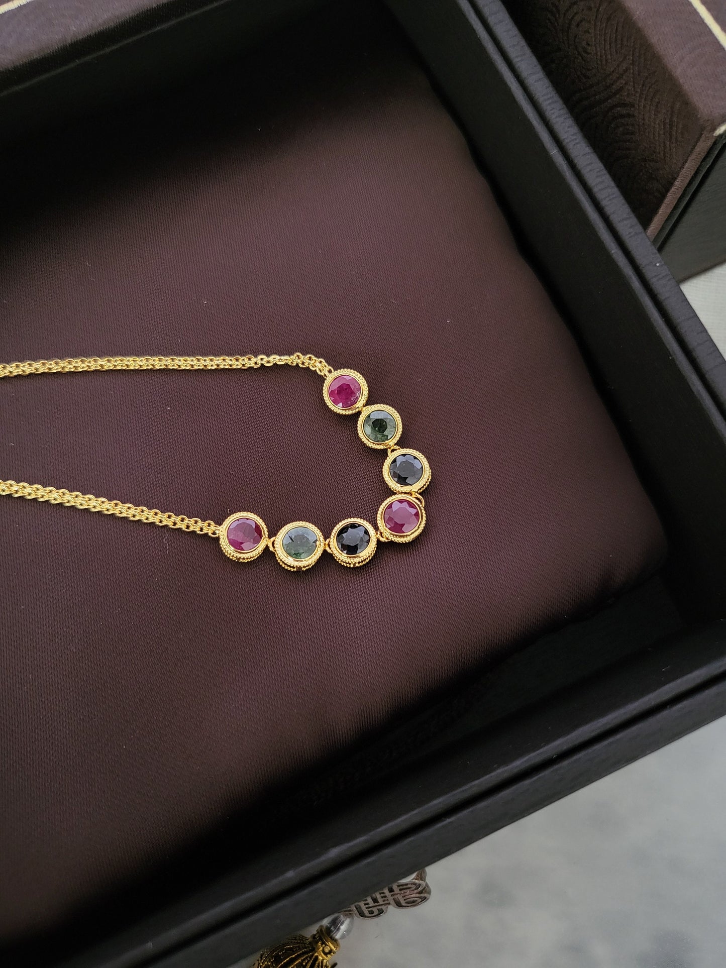 Thai Design Natural 18K Gold Burma Ruby Sapphire Necklace Rare Gemstone Dainty