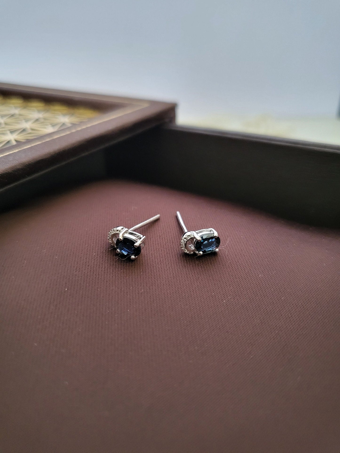 Natural Blue Sapphire Rare Gemstone Earrings with Cubic Zirconia Stud Silver Earrings