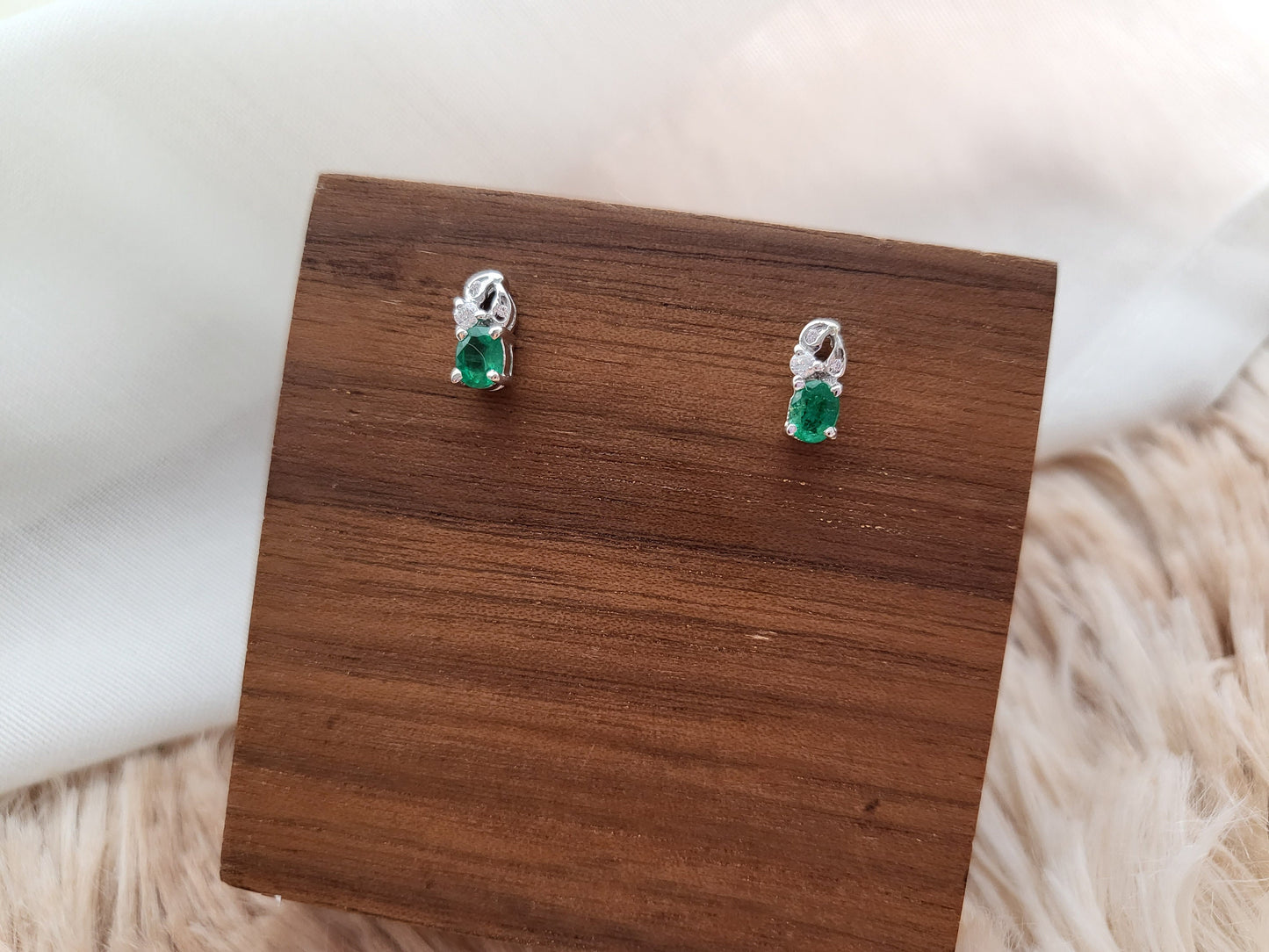 Natural Emerald Gemstone Earrings with Cubic Zirconia Stud Silver Earrings