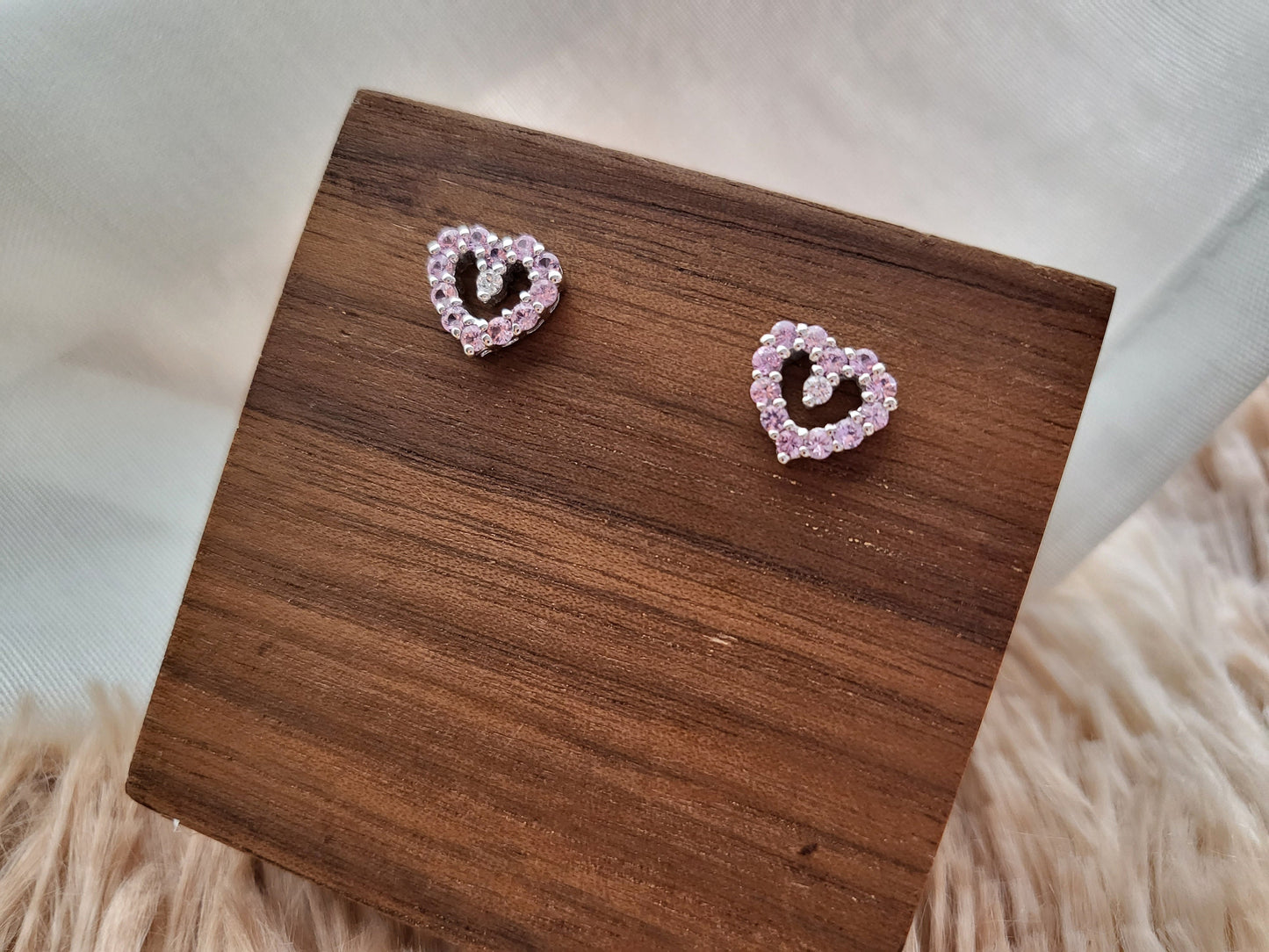 Natural Pink Sapphire Rare Gemstone Earrings with Cubic Zirconia Stud Heart Silver Earrings
