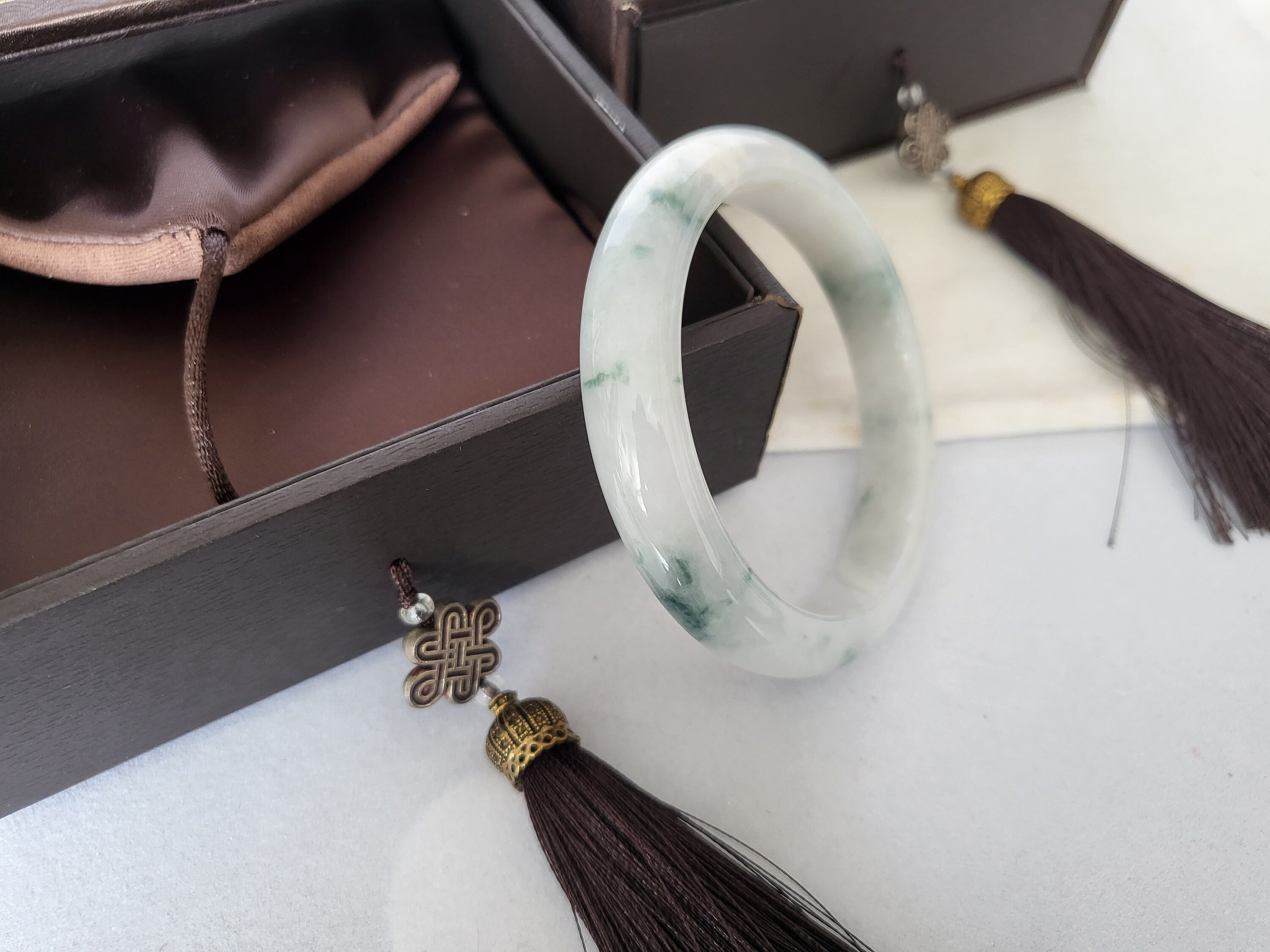 53.8mm Jadeite Grade A Bangle Natural Burma Jade White Flower Green [PINE WINTERLAND COLLECTION]