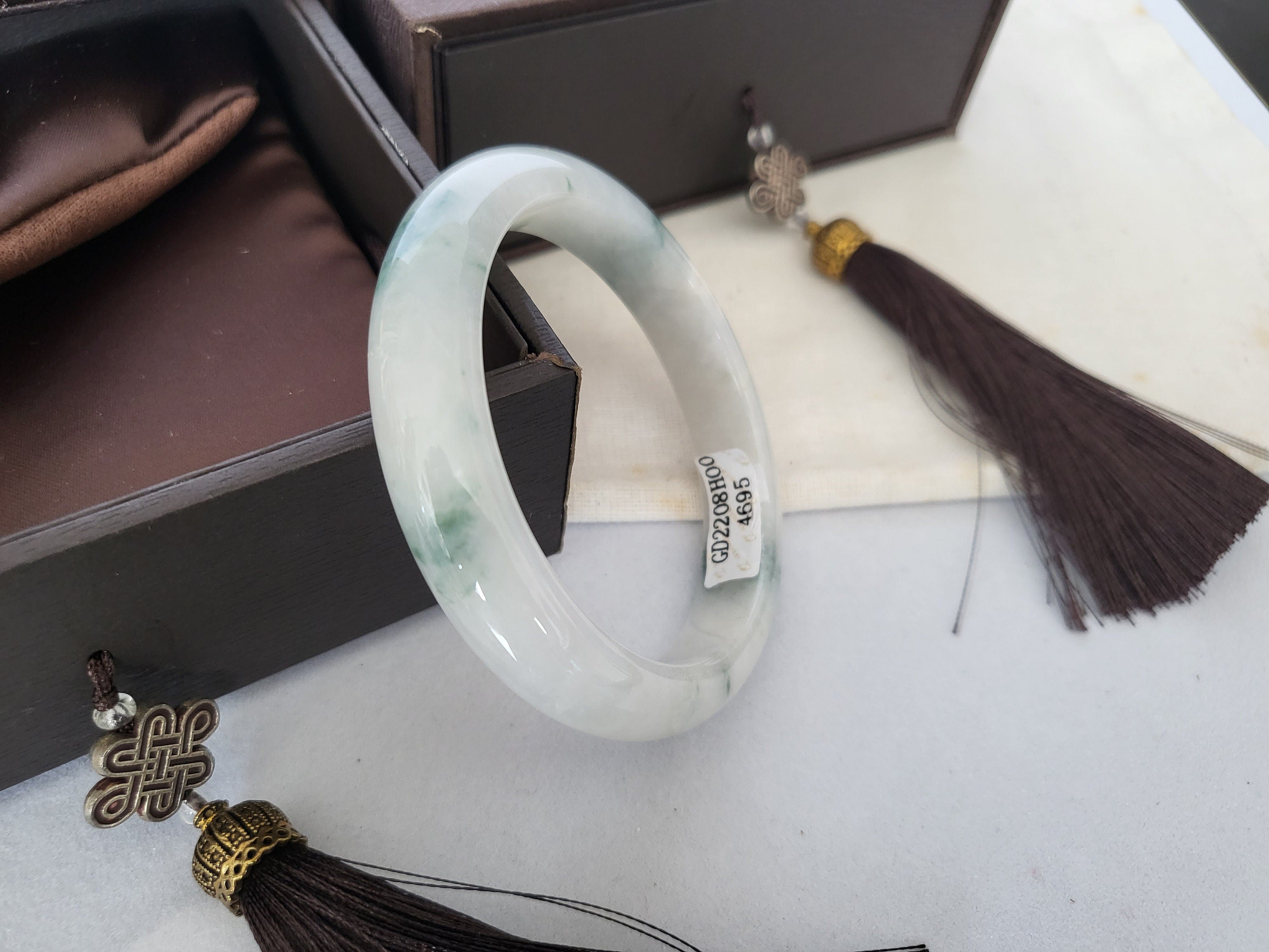 53.8mm Jadeite Grade A Bangle Natural Burma Jade White Flower Green [PINE WINTERLAND COLLECTION]