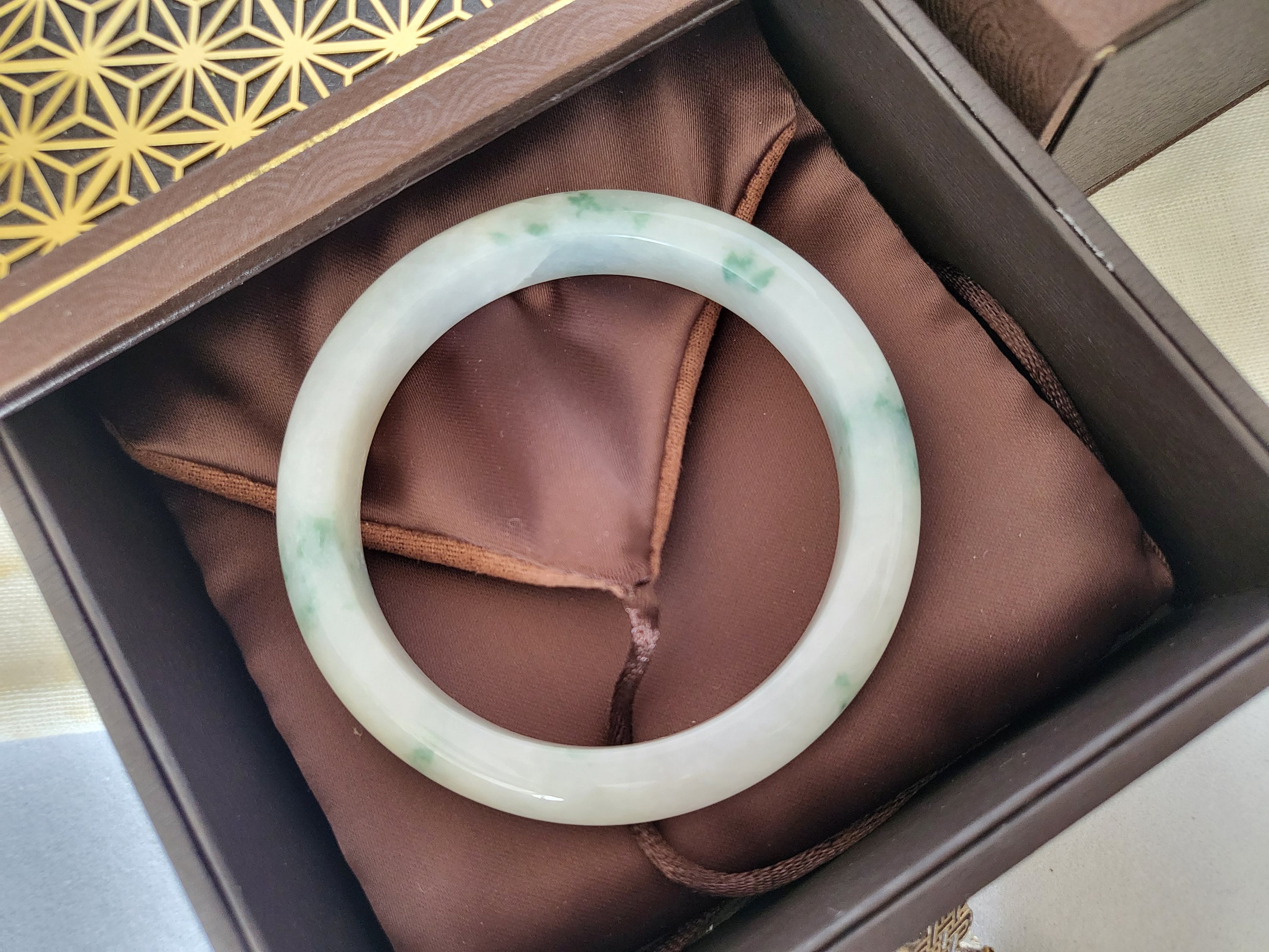 53.8mm Jadeite Grade A Bangle Natural Burma Jade White Flower Green [PINE WINTERLAND COLLECTION]