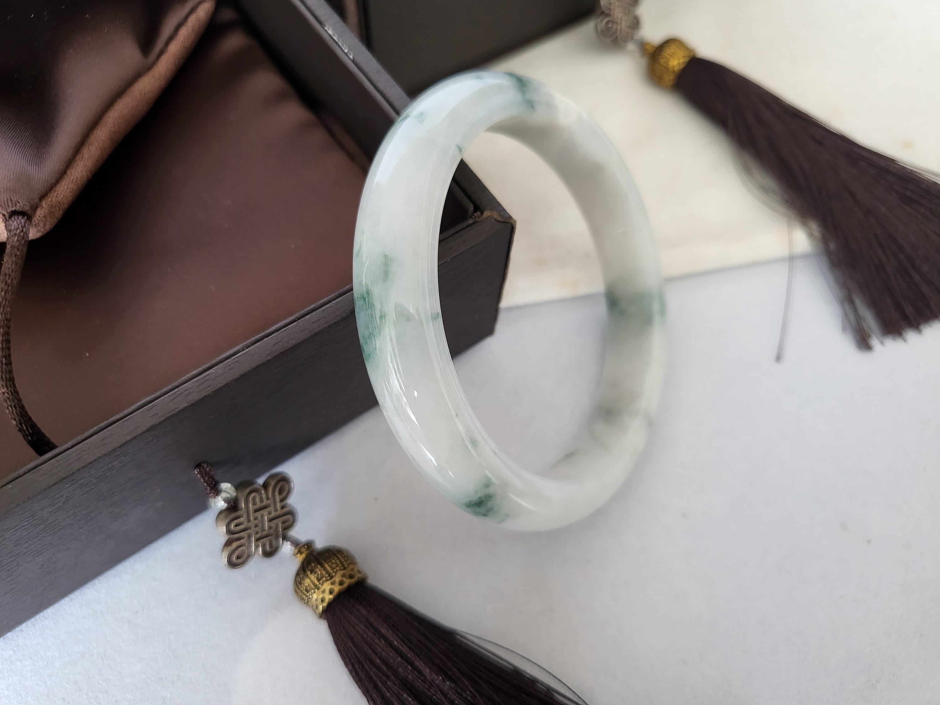 53.8mm Jadeite Grade A Bangle Natural Burma Jade White Flower Green [PINE WINTERLAND COLLECTION]