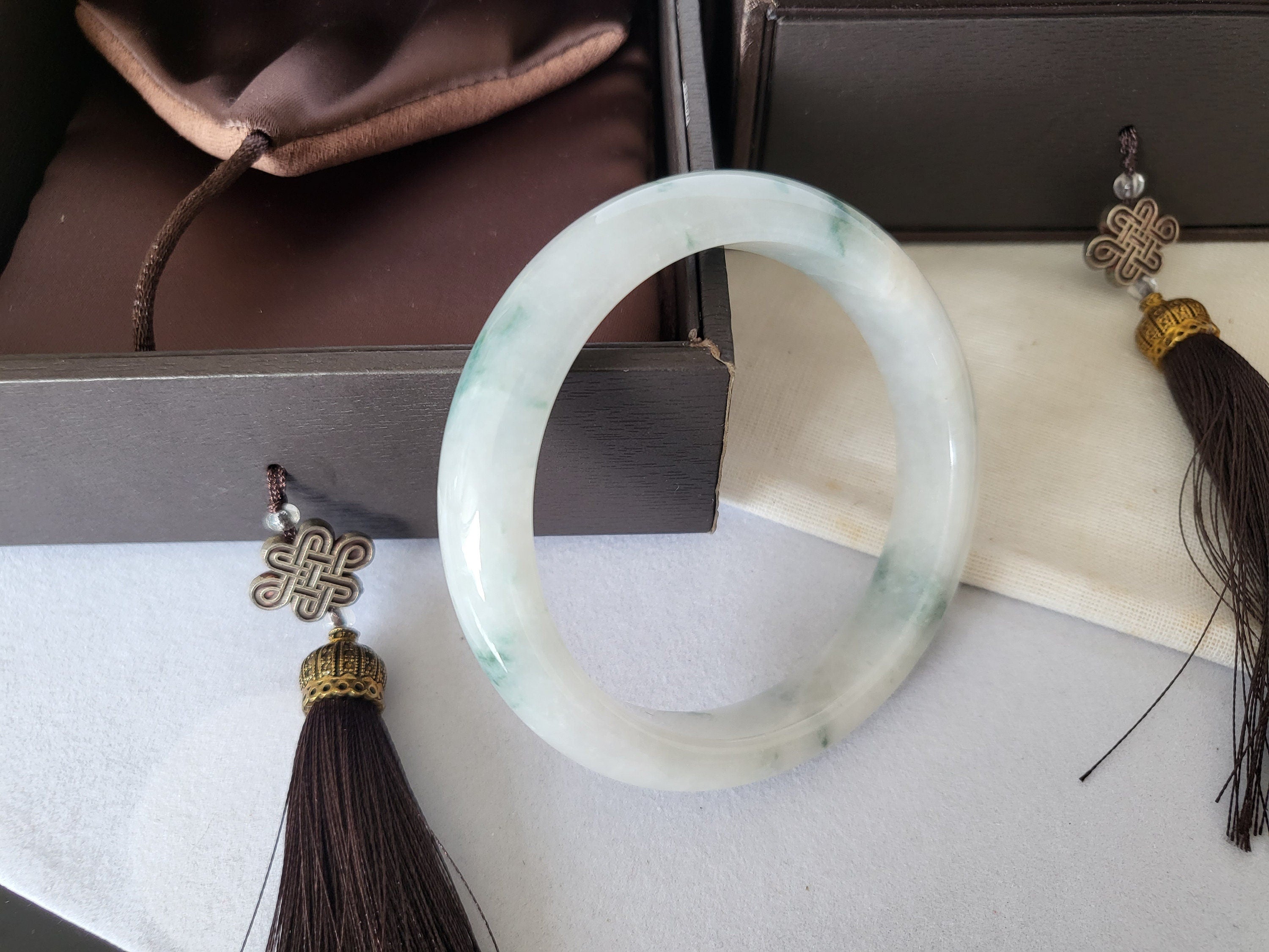 53.8mm Jadeite Grade A Bangle Natural Burma Jade White Flower Green [PINE WINTERLAND COLLECTION]