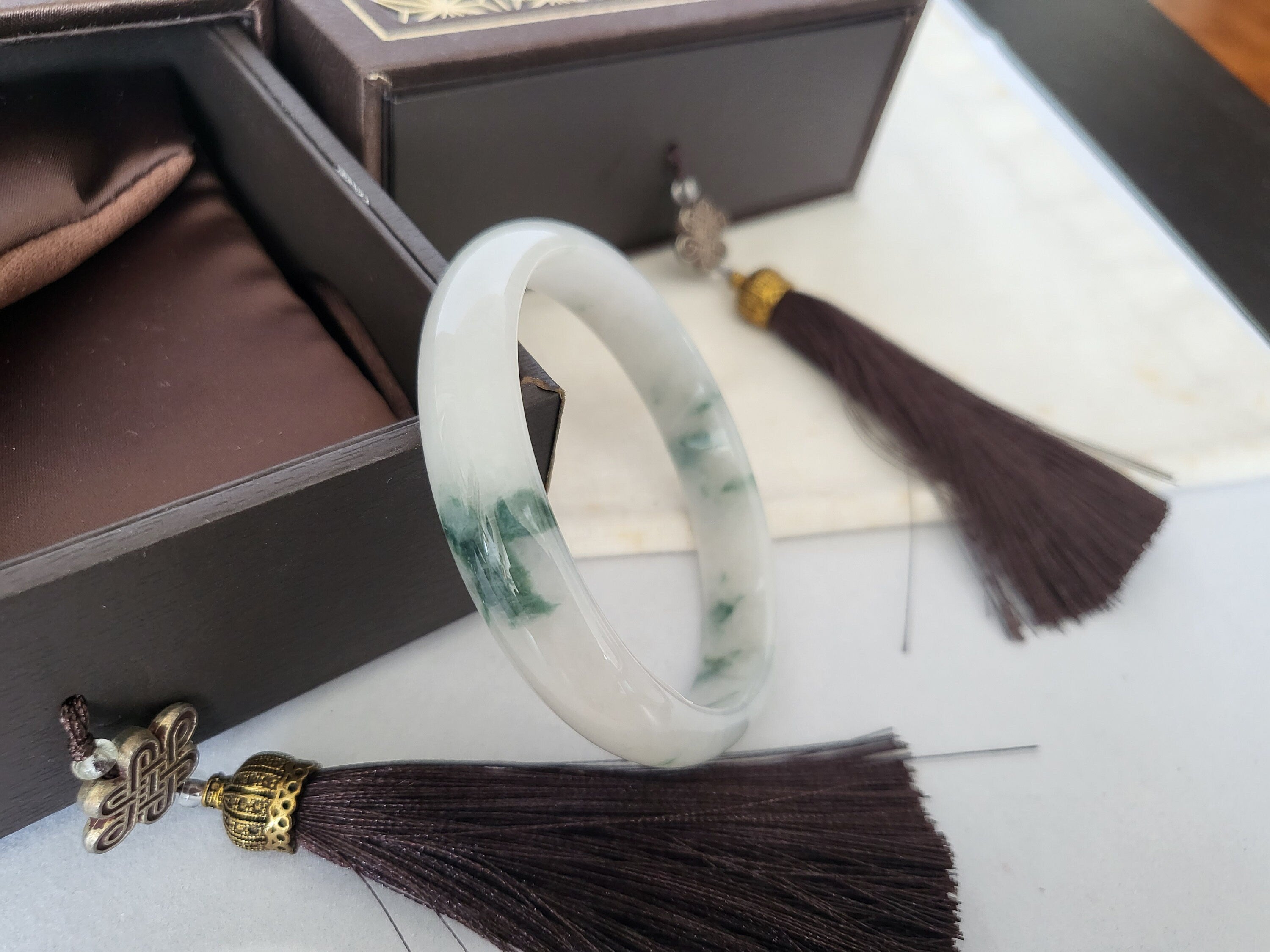 55mm Jadeite Grade A Bangle Natural Burma Jade Green with White Flower [PINE WINTERLAND COLLECTION]